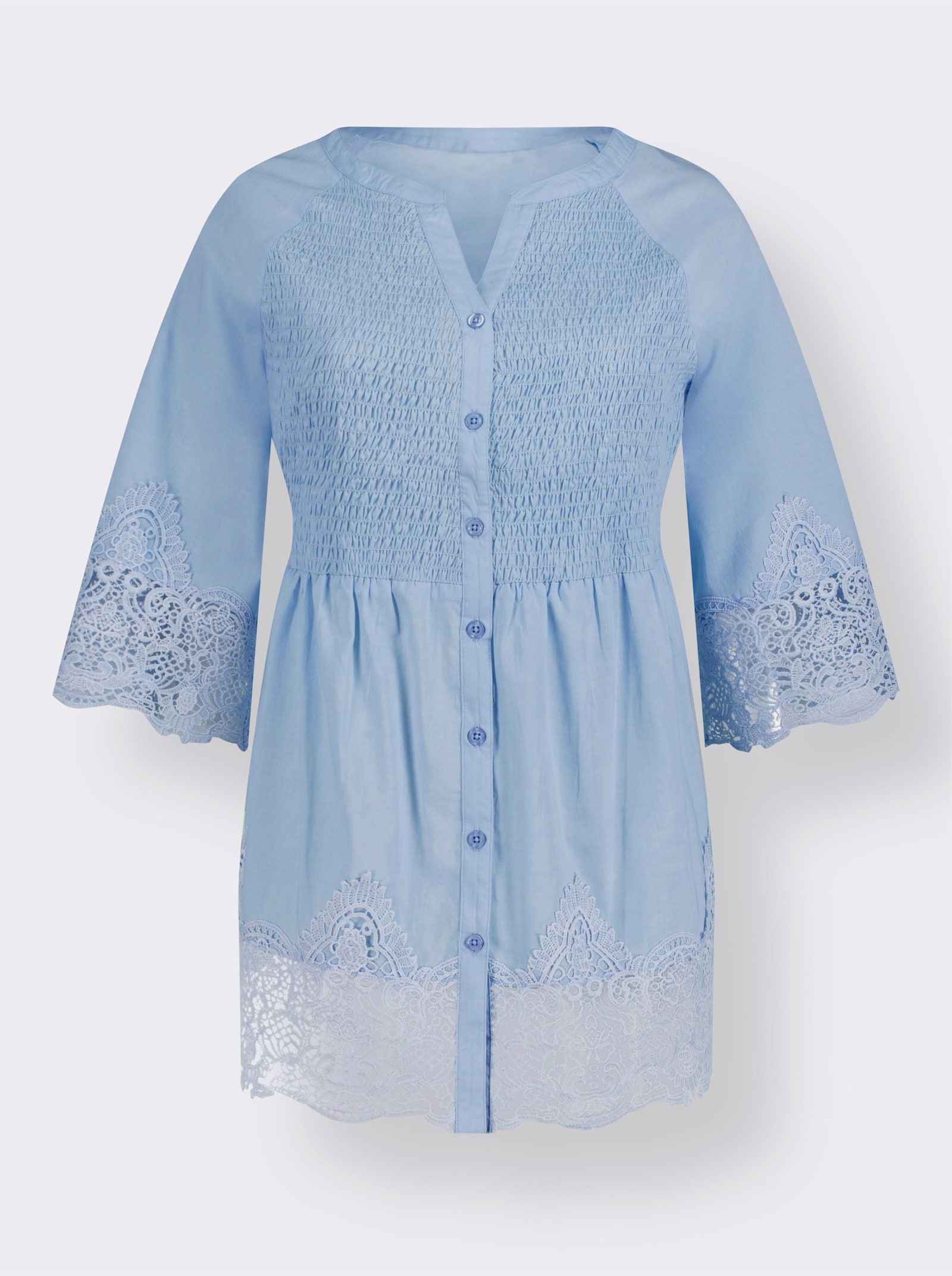 Spitzenbluse mit Smok-Einsatz - hellblau