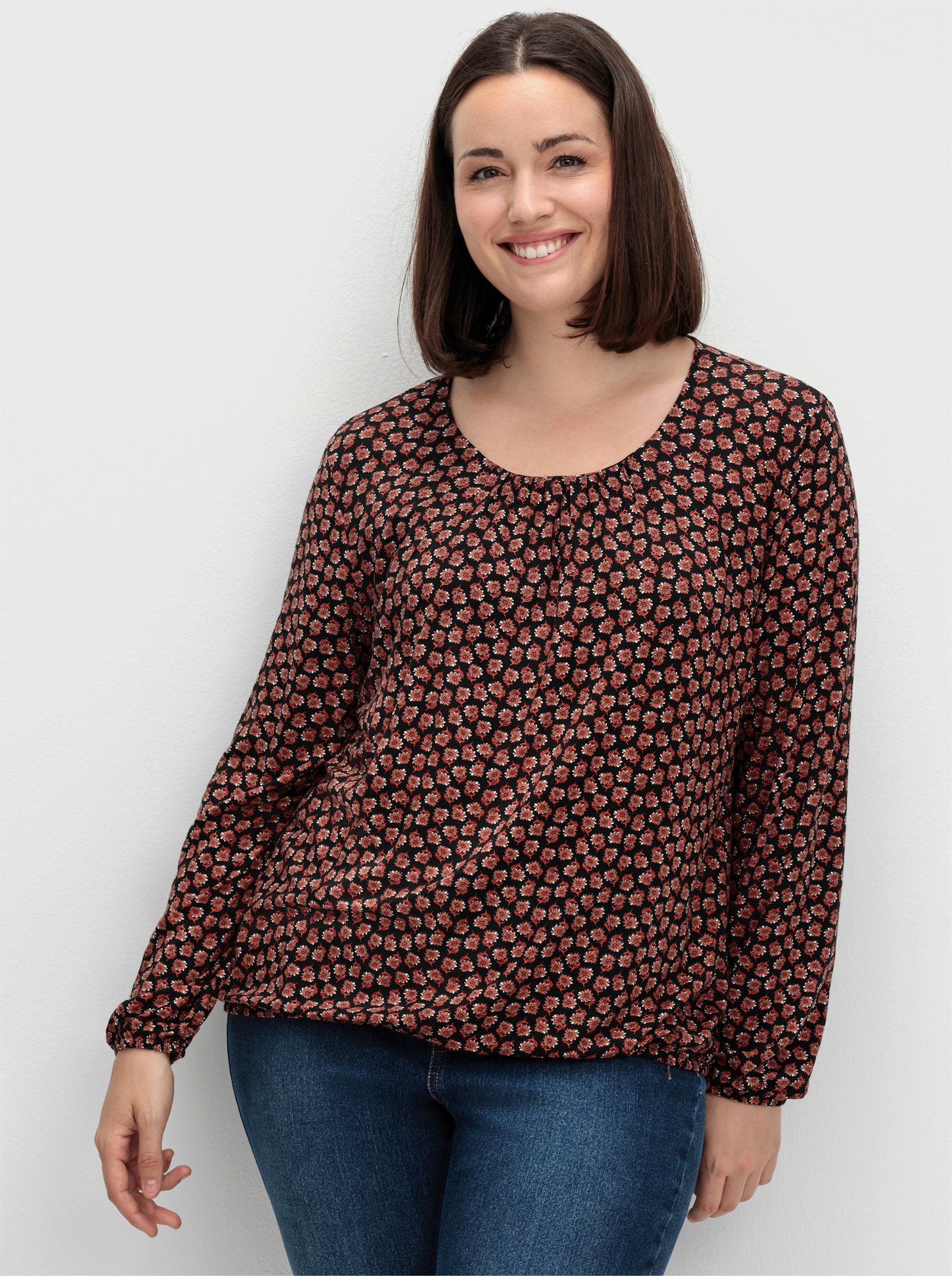 Print-Shirt mit Gummizug an Ärmeln und Saum - schwarz-rostrot-bedruckt