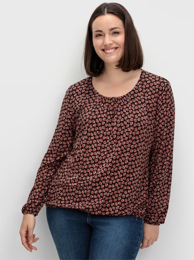 Print-Shirt mit Gummizug an Ärmeln und Saum - schwarz-rostrot-bedruckt