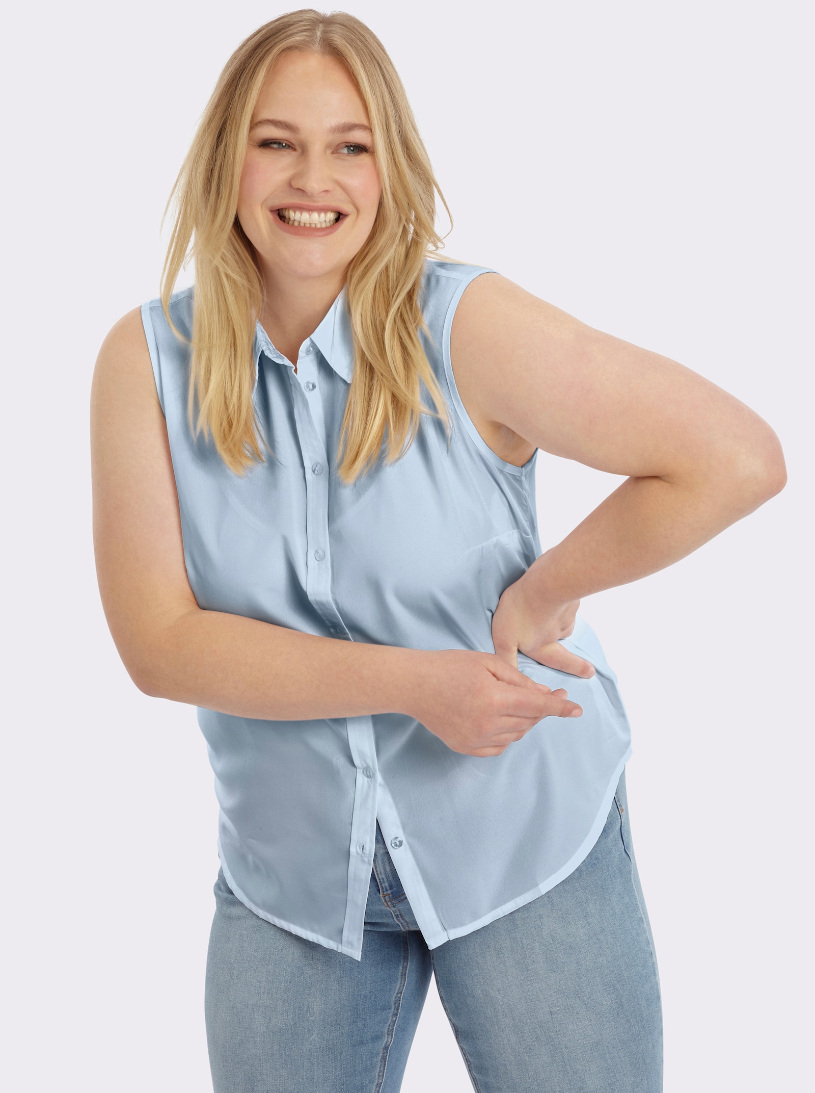 Ärmellose Bluse mit Hemdkragen - hellblau