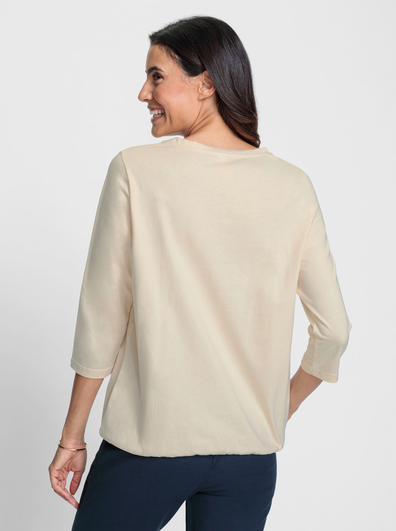 Shirt met 3/4-mouwen en elastische zoom - ivoor/duifblauw bedrukt