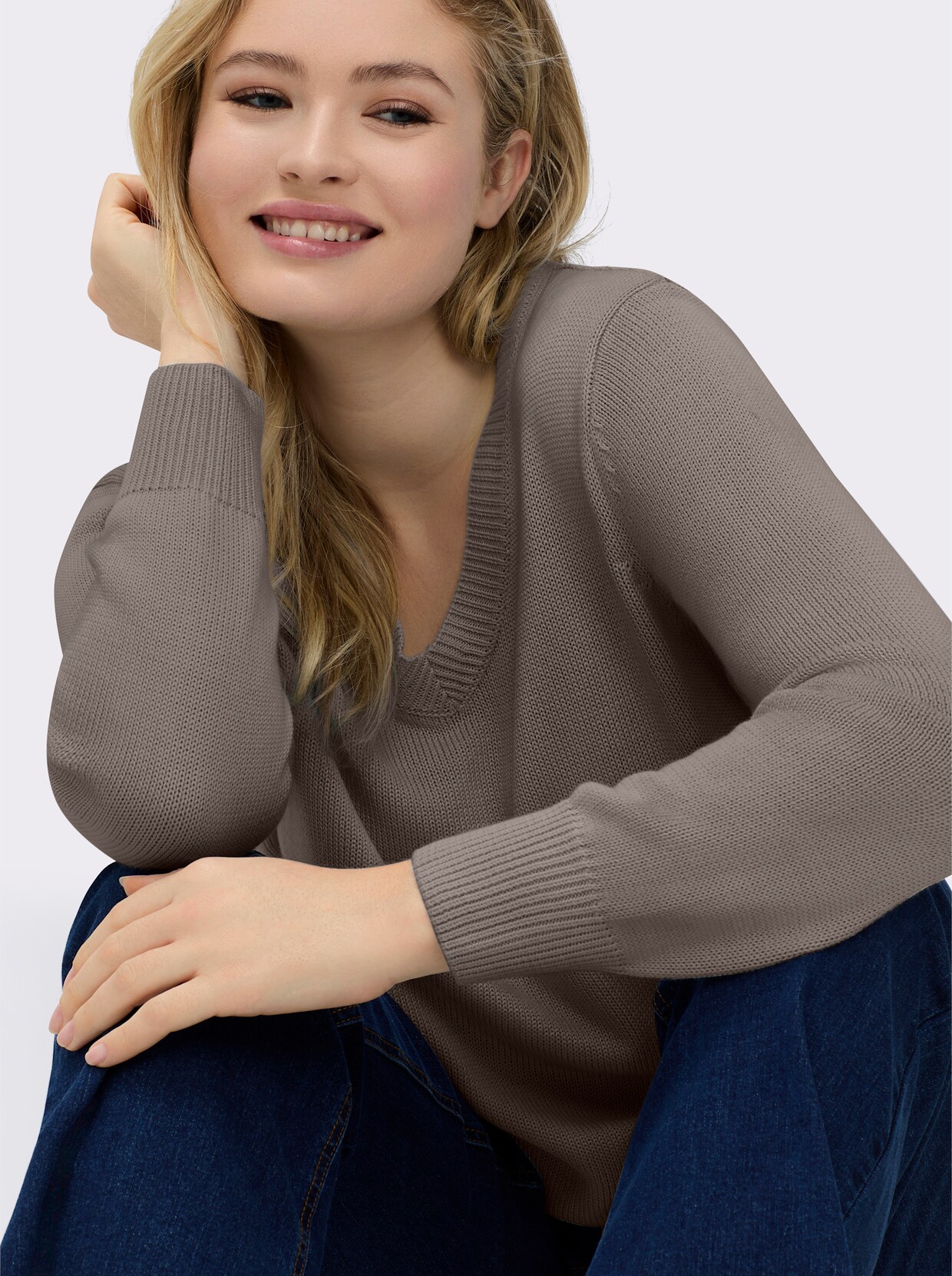 V-Ausschnitt-Pullover mit Baumwolle - taupe-meliert