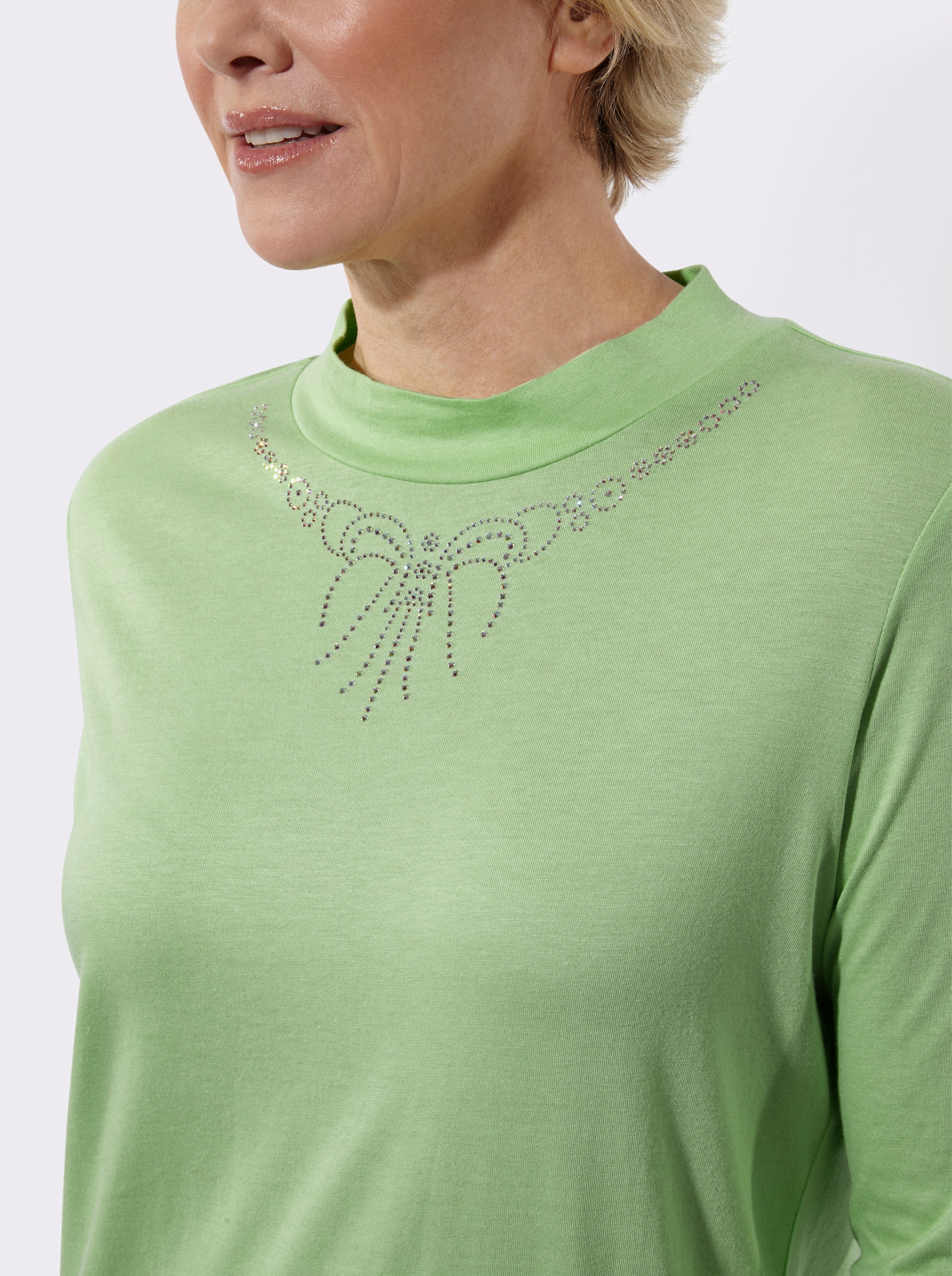 Stehkragenshirt mit Glitzersteinchen - reseda