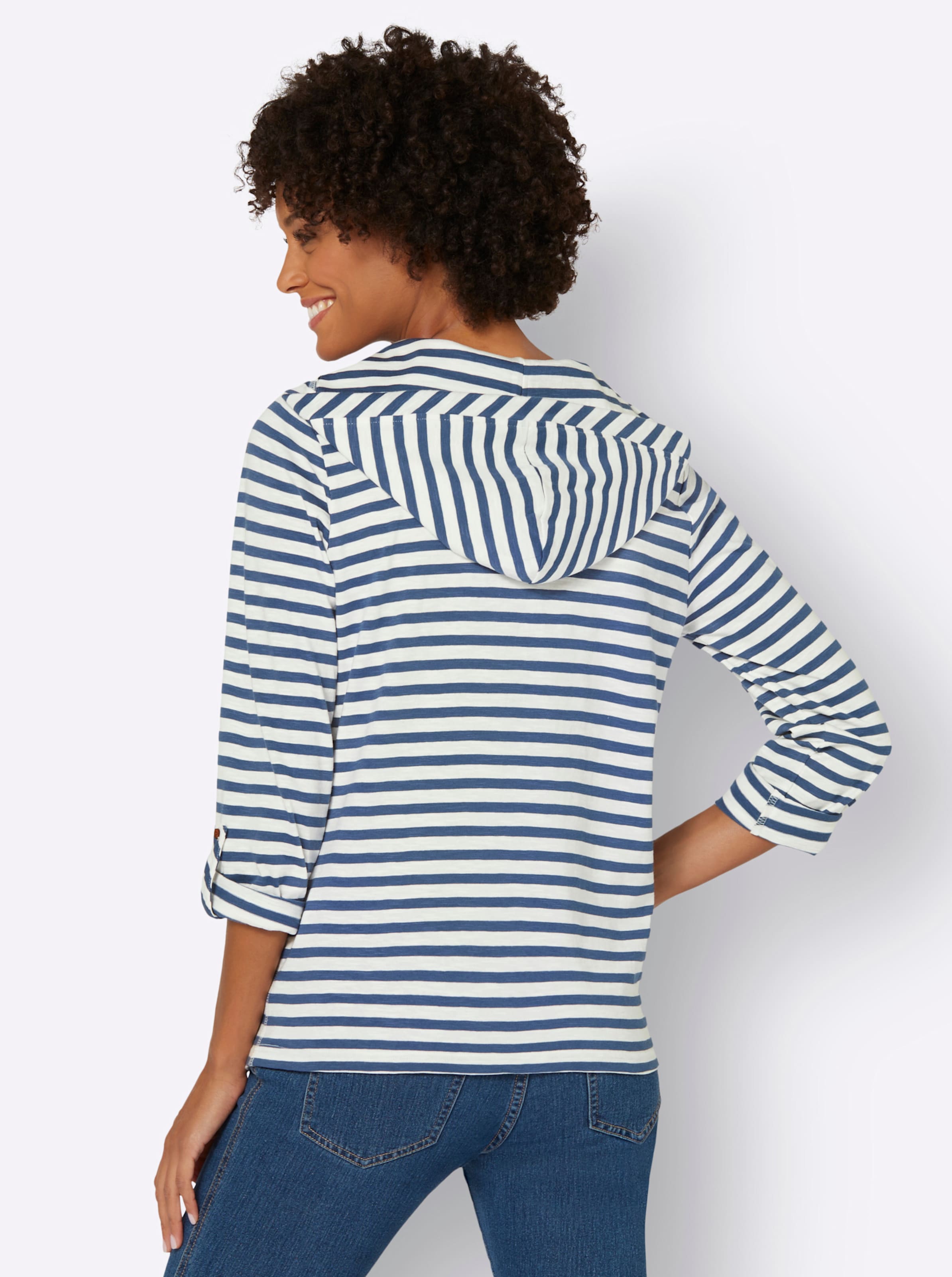 xF6;nnen günstig Kaufen-Shirt in jeansblau-ecru-geringelt von heine. Shirt in jeansblau-ecru-geringelt von heine <![CDATA[Geringeltes Shirt aus weicher Baumwolle. Kapuze mit Tunnelzug und attraktiven Kordeln. Die langen Ärmel können mit Riegel und Knopf auf 3/4-Länge verkürz