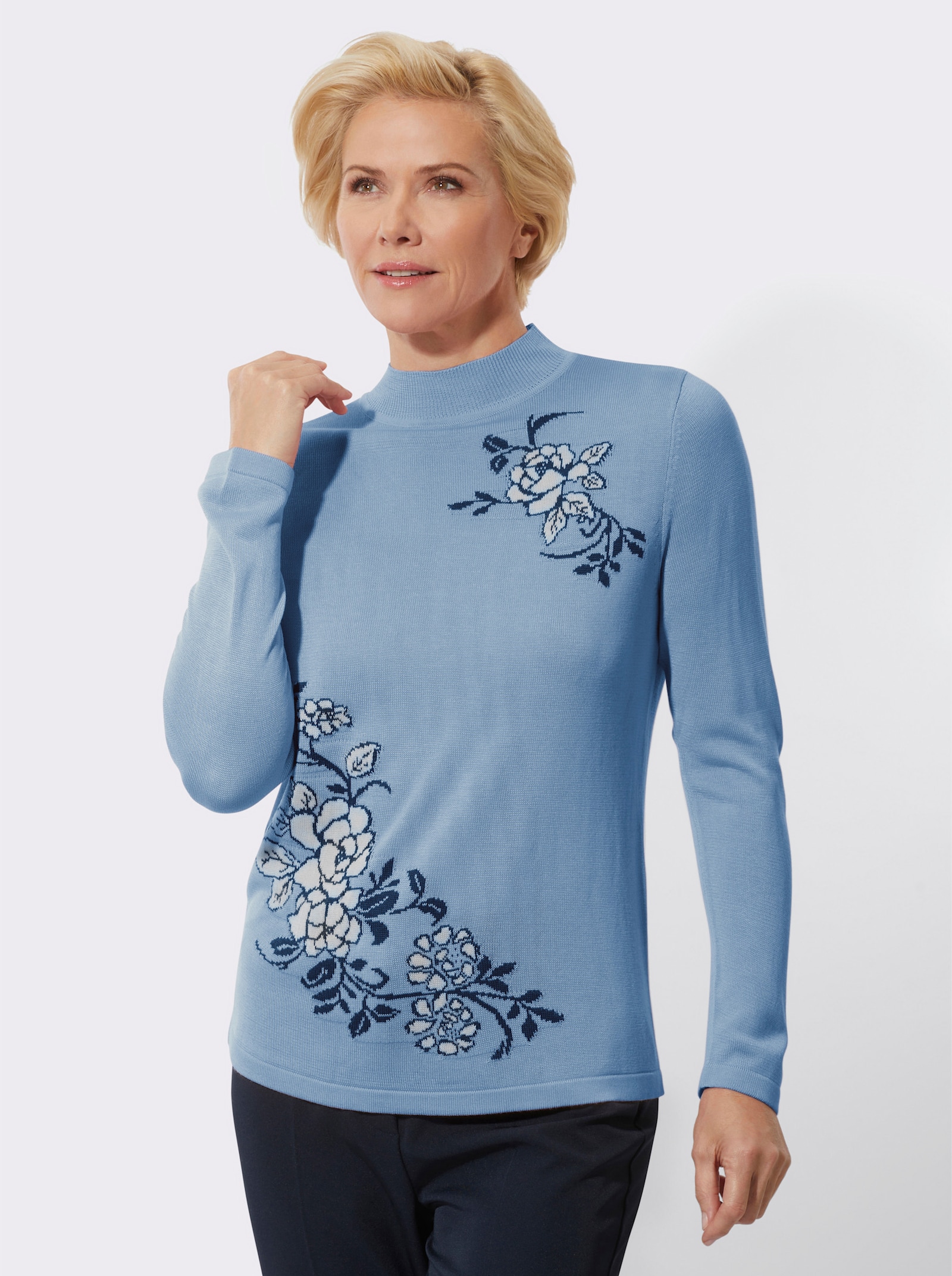 Stehkragenpullover mit floralem Intarsienmuster - eisblau