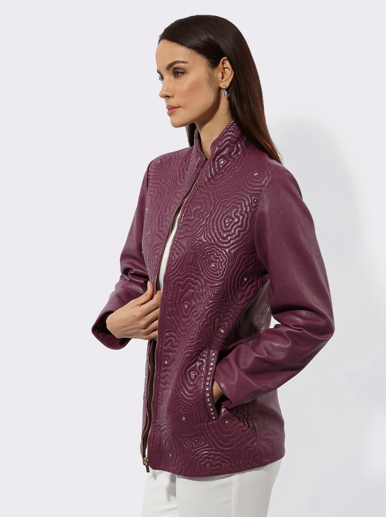 Mainpol Lederjacke mit Blütenstickerei - bordeaux