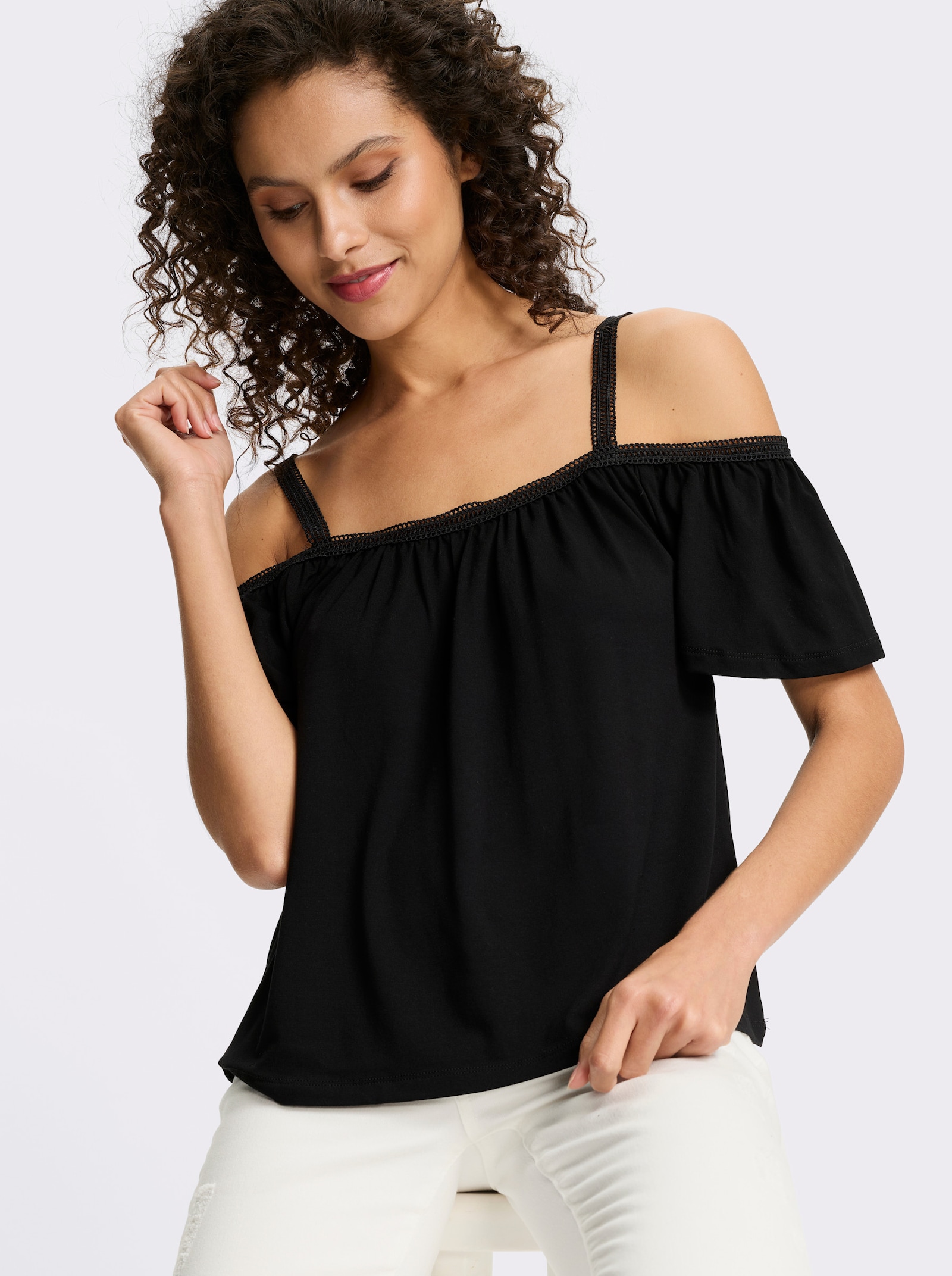 heine T-Shirt mit Carmen-Ausschnitt - schwarz