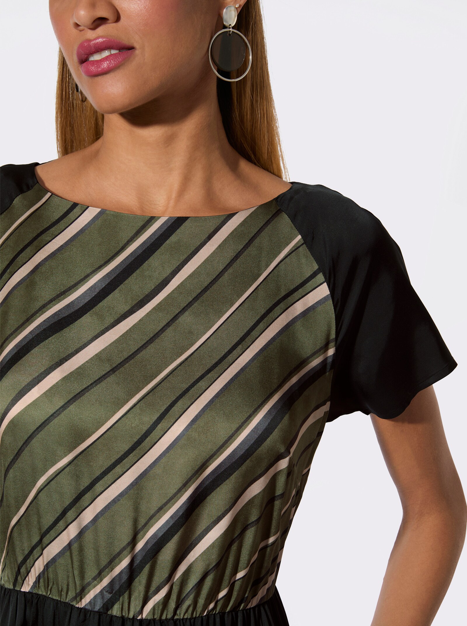 Webkleid mit Reißverschluss hinten - khaki-graphit-gestreift