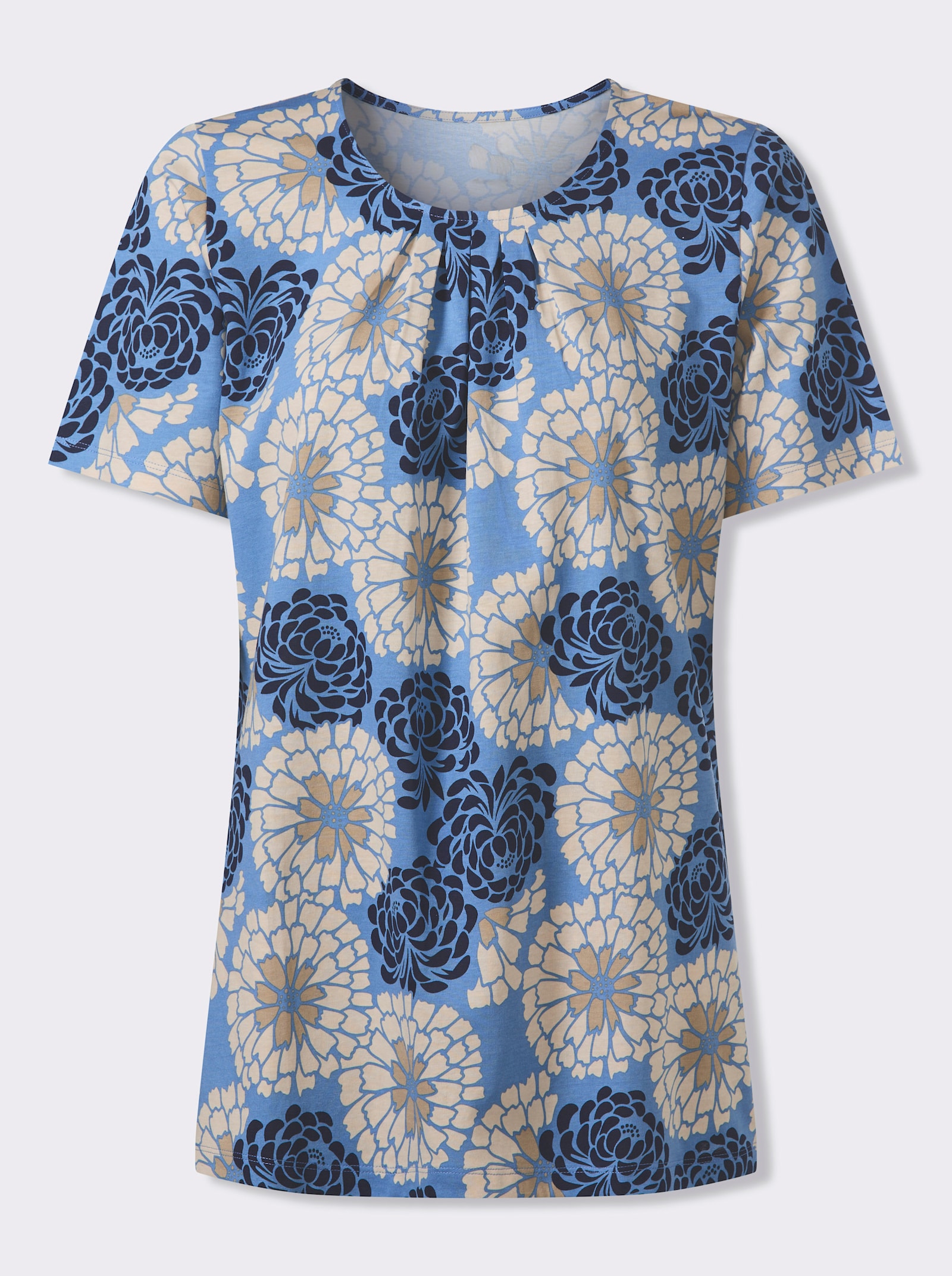 Lång topp i smickrande A-form - mellanblå-marin-med tryck