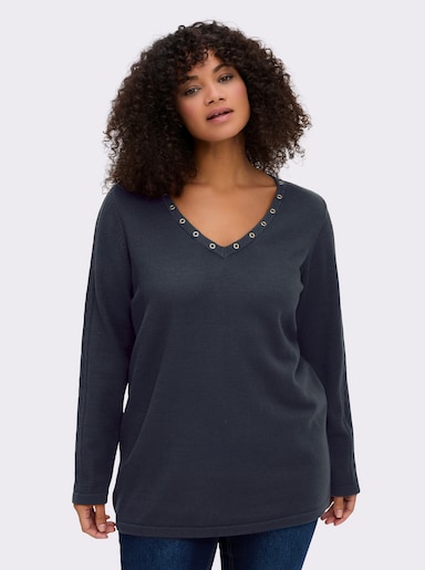 sheego Pullover mit tiefem V-Ausschnitt und Ösenverzierung - tiefblau