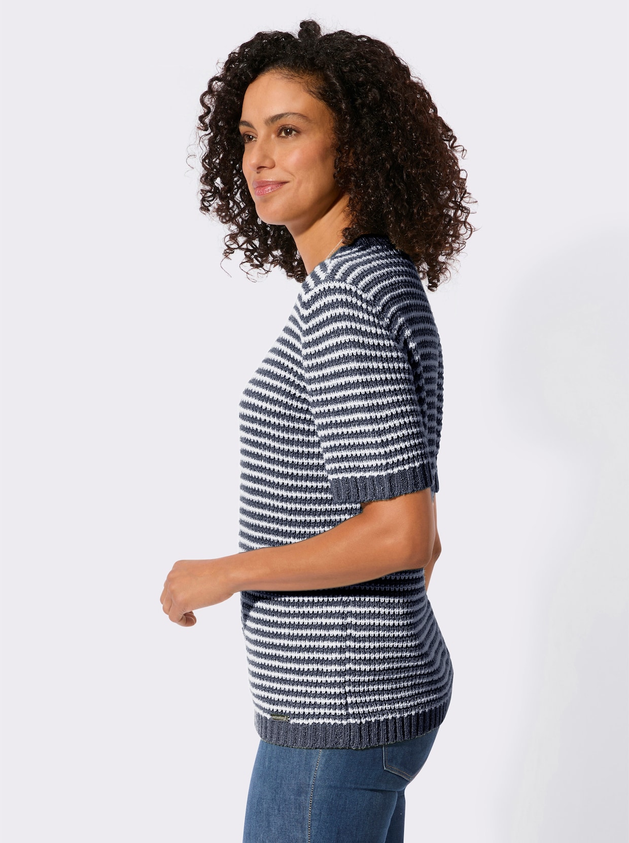Kurzarmpullover - marine-ecru-geringelt