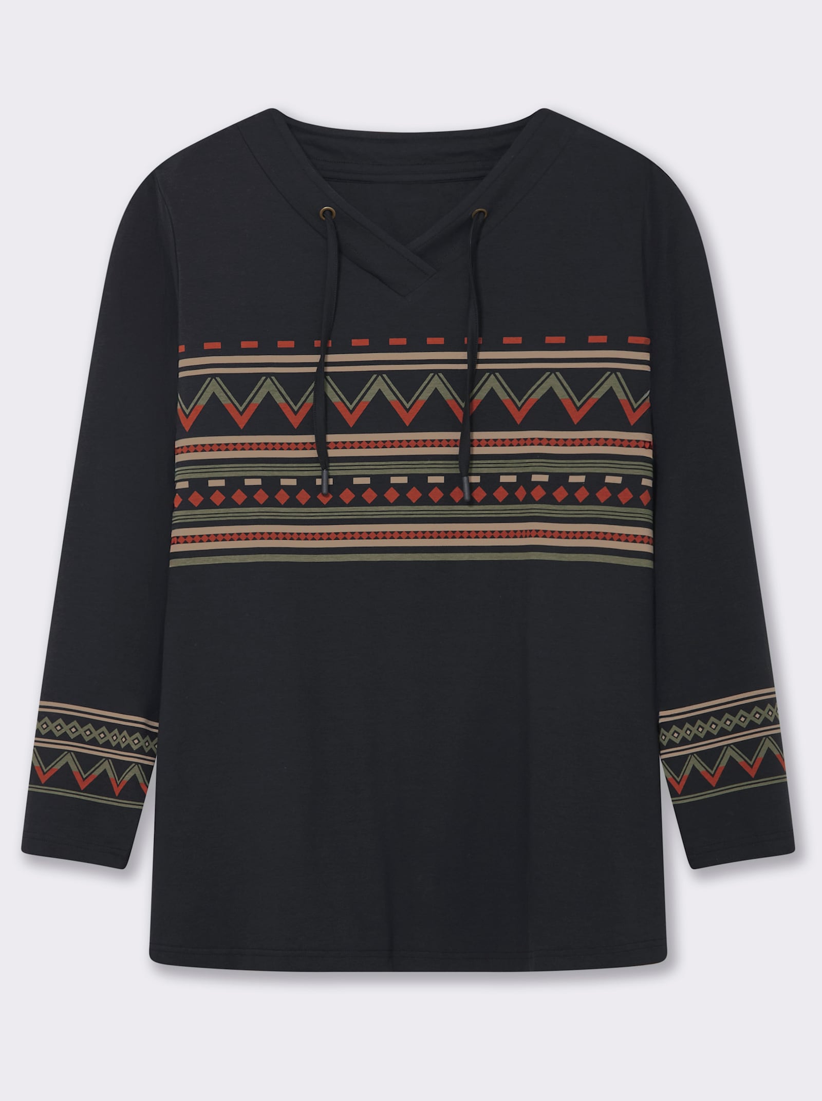 sheego Shirt mit V-Ausschnitt und Ethno-Details - schwarz-beige-bedruckt