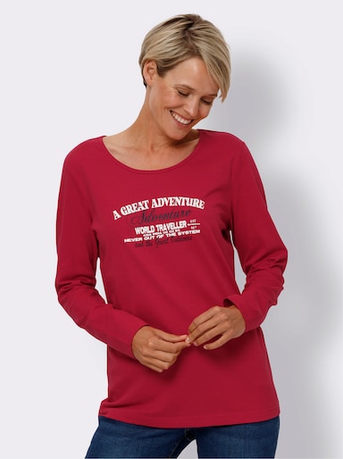 Langarmshirt - rot-ecru-bedruckt
