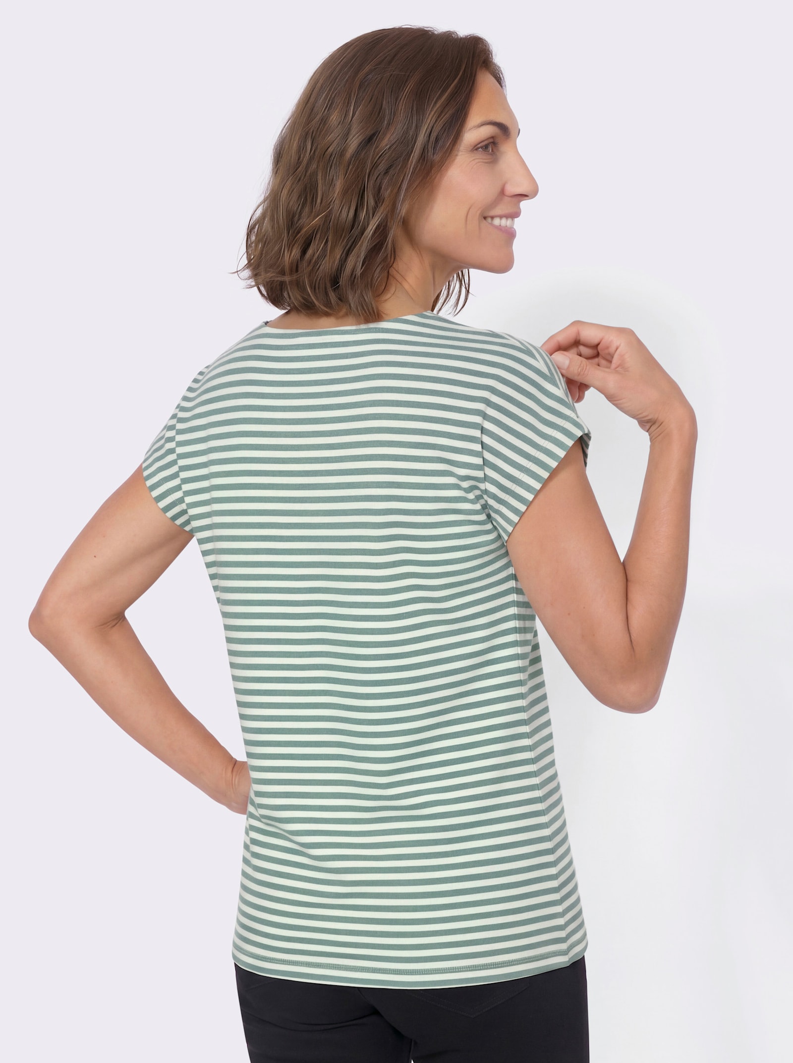 Ringelshirt mit Frontdruck - jade-ecru-geringelt