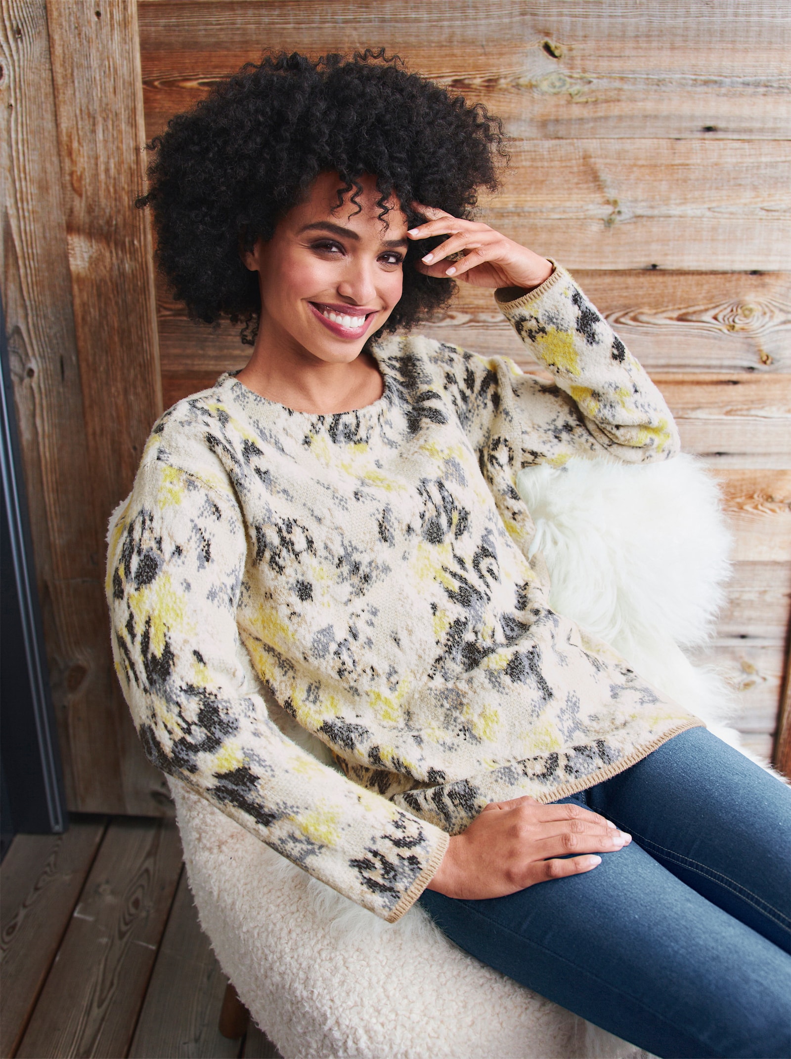 heine Pullover met lange mouwen in zachte materiaalmix - beige/duivenblauw gedessineerd