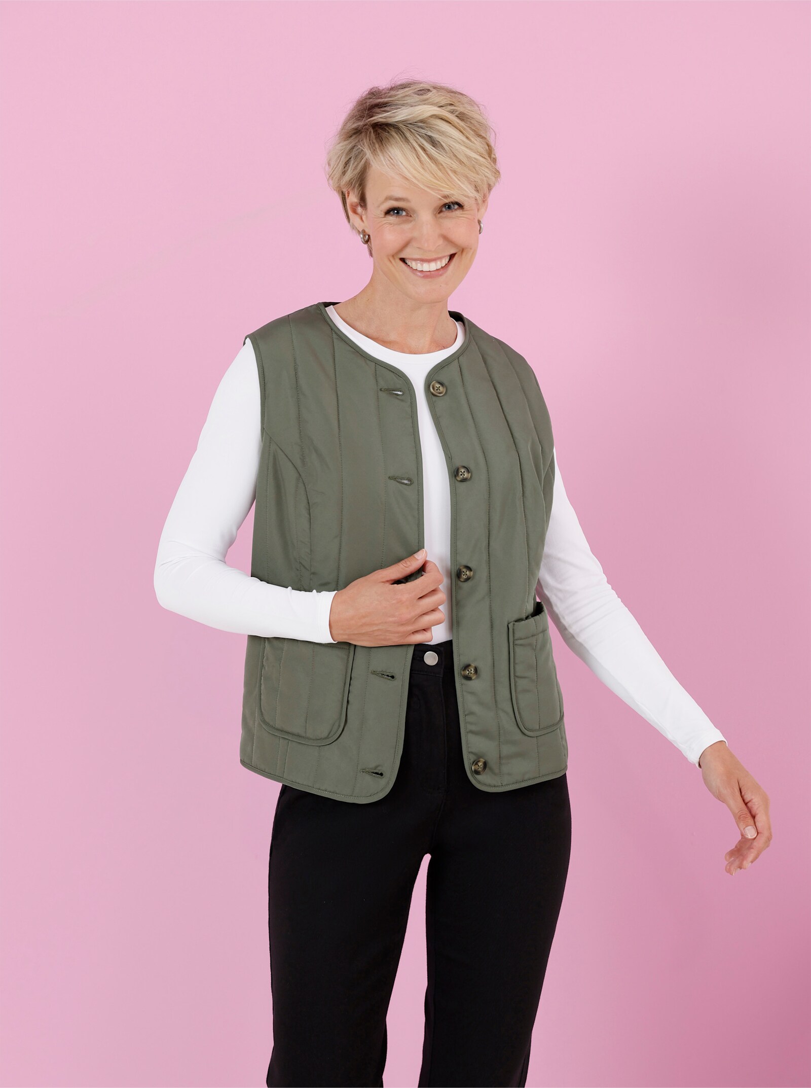 Steppweste mit Rundhals-Ausschnitt - khaki
