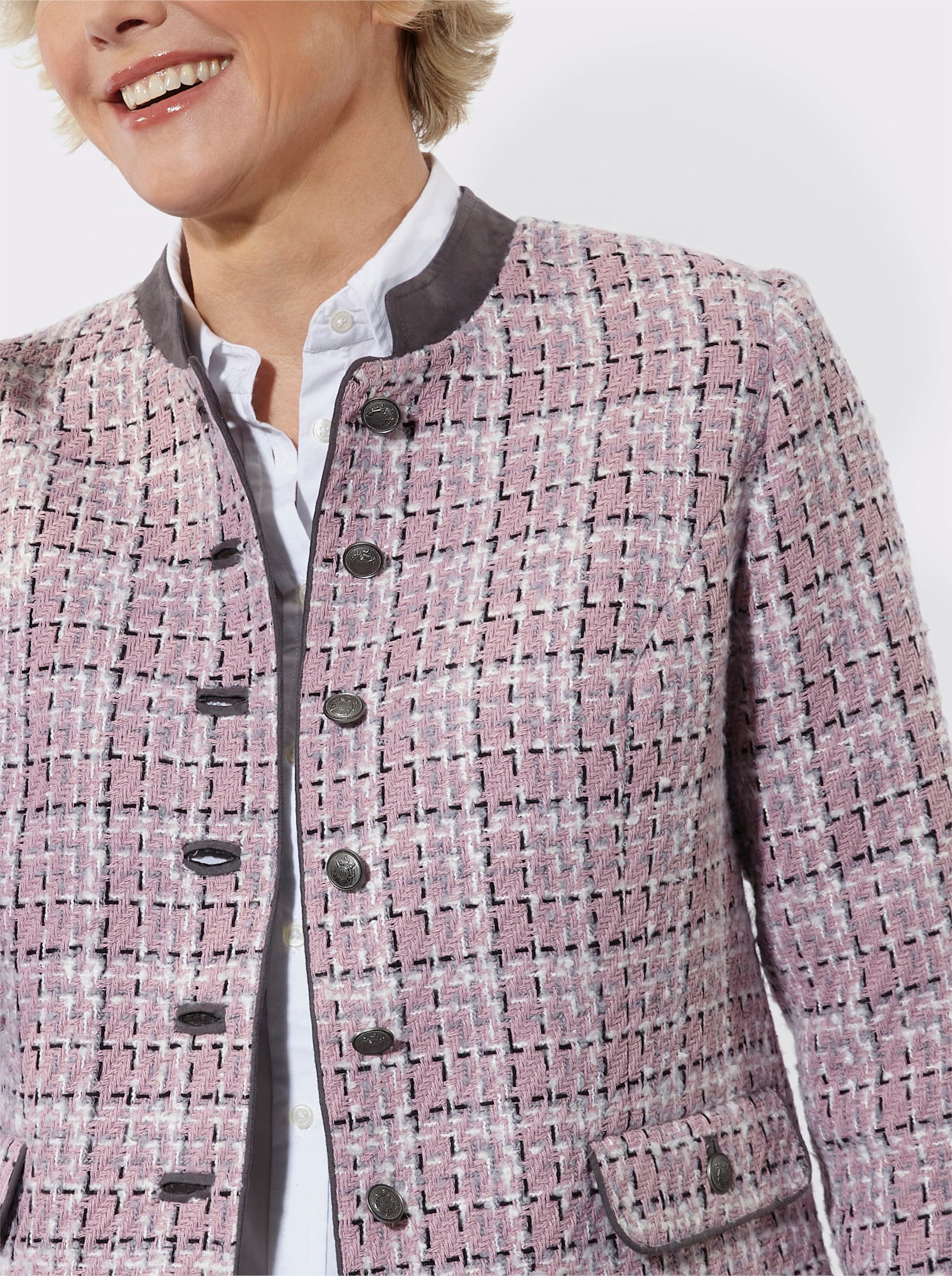 Bouclé-Blazer Stehkragen aus Veloursleder-Imitat - mauve-schwarz-gemustert