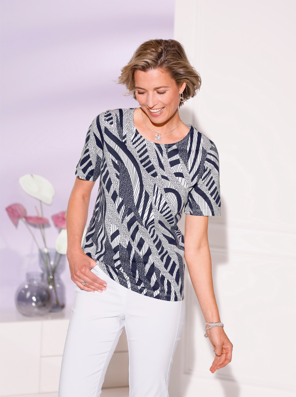 Shirt met korte mouwen - marine/ecru geprint