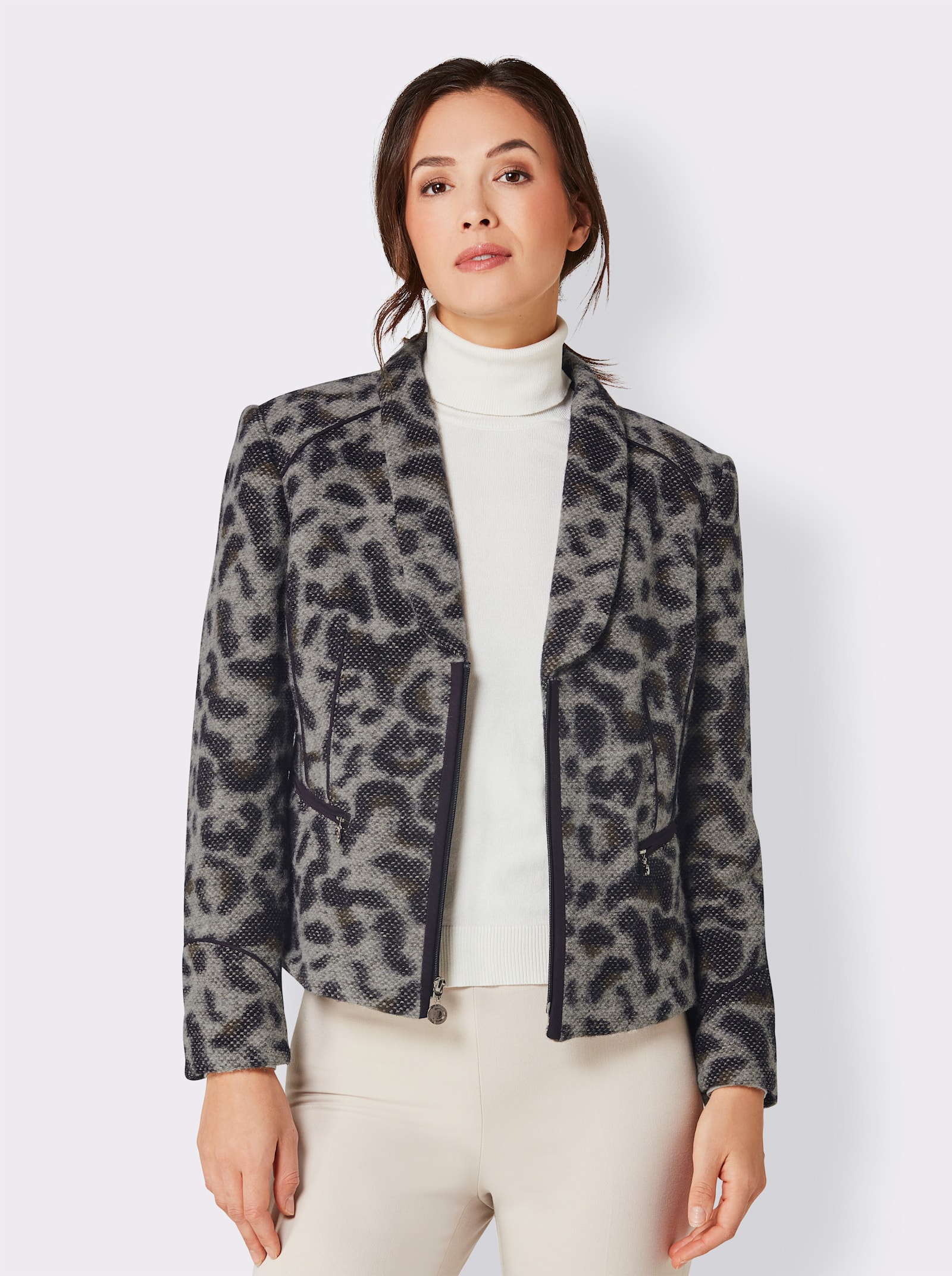 CREATION L PREMIUM Korte blazer met luipaardpatroon - marine/zand gedessineerd