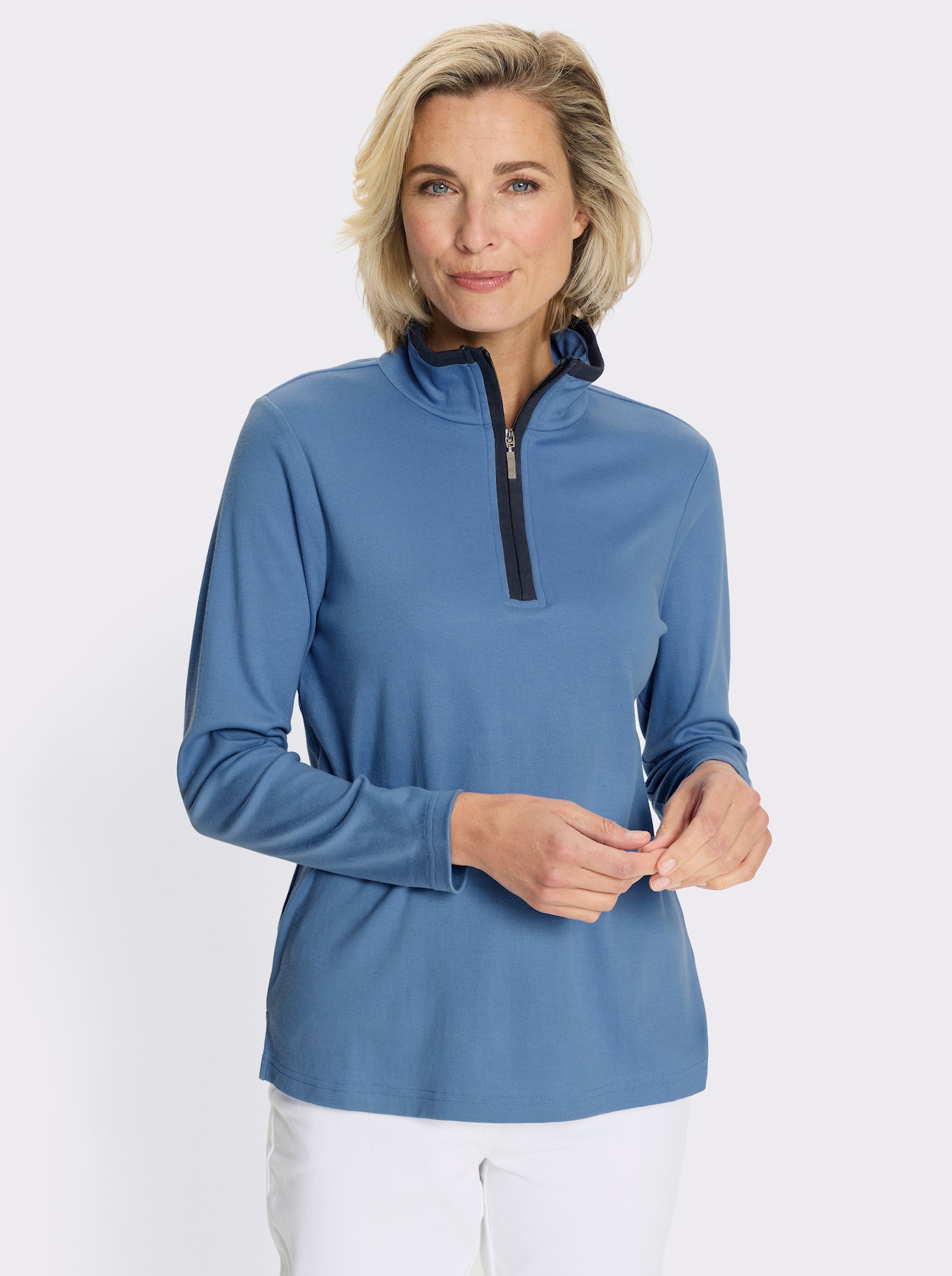 Sweatshirt mit Troyerkragen - mittelblau