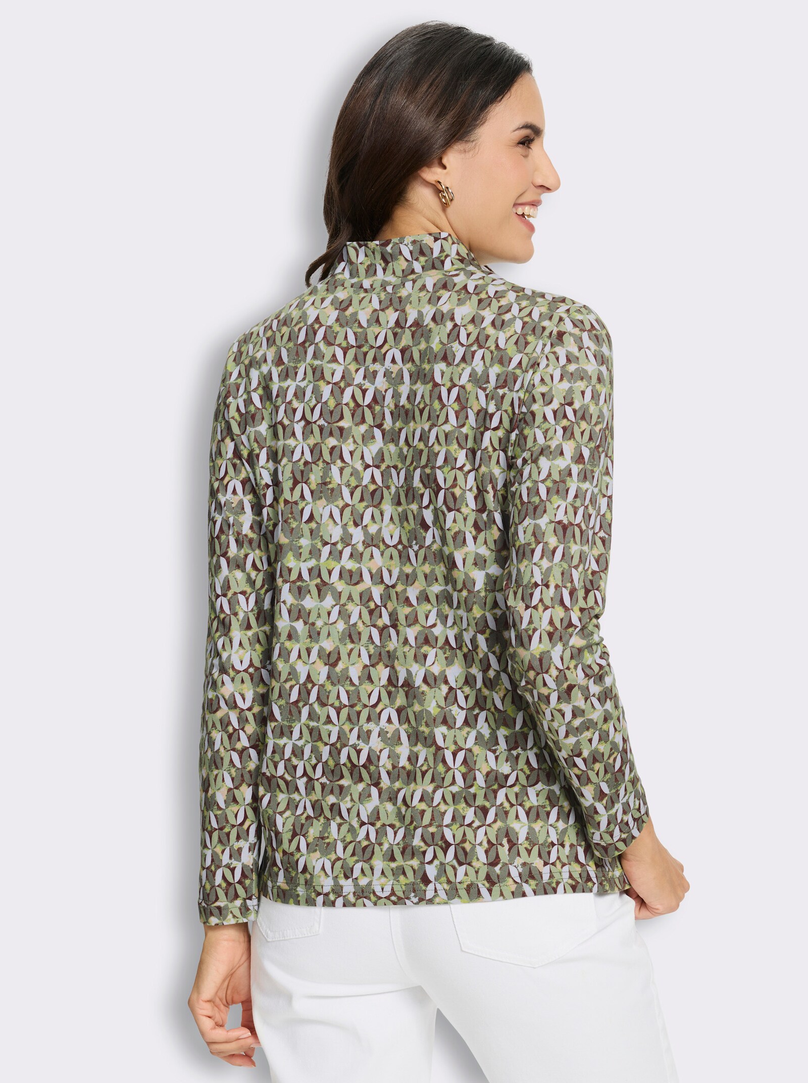 Stehkragenshirt mit grafischem Dessin - khaki-lindgrün-bedruckt