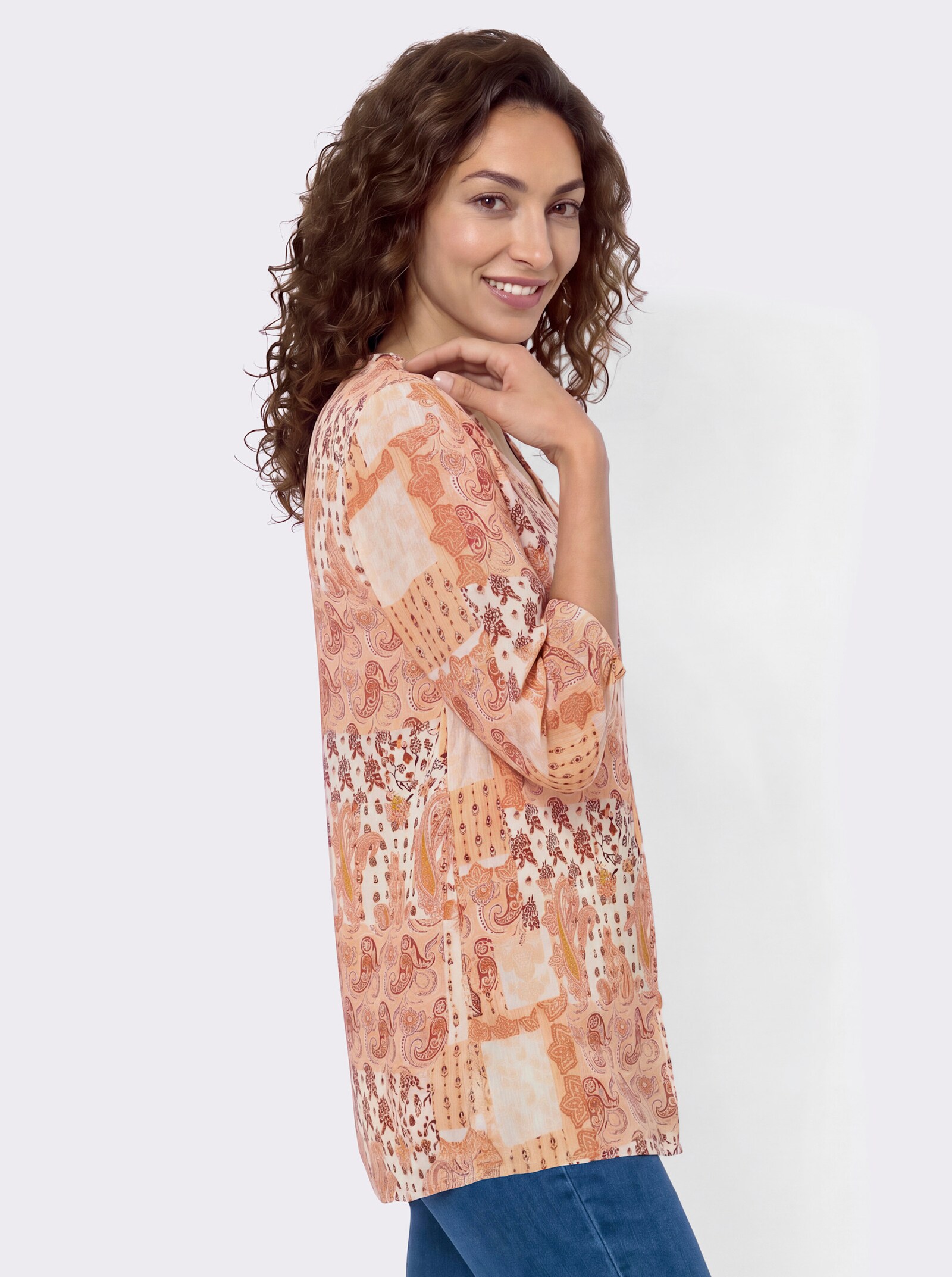 Druckbluse mit Rüschen-Verzierung - papaya-ecru-bedruckt