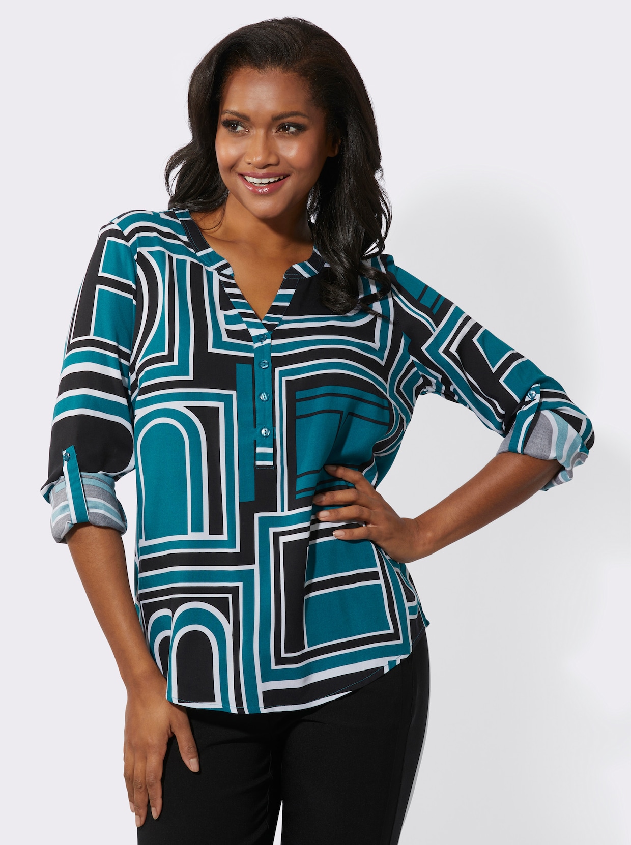 Comfortabele blouse - aquapetrol/zwart