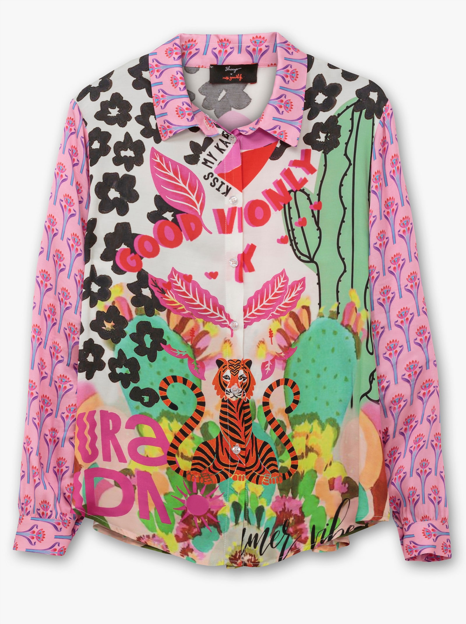 sheego loves miss goodlife Hemdbluse im Mustermix, aus Viskose-Satin - blattgrün-gemustert