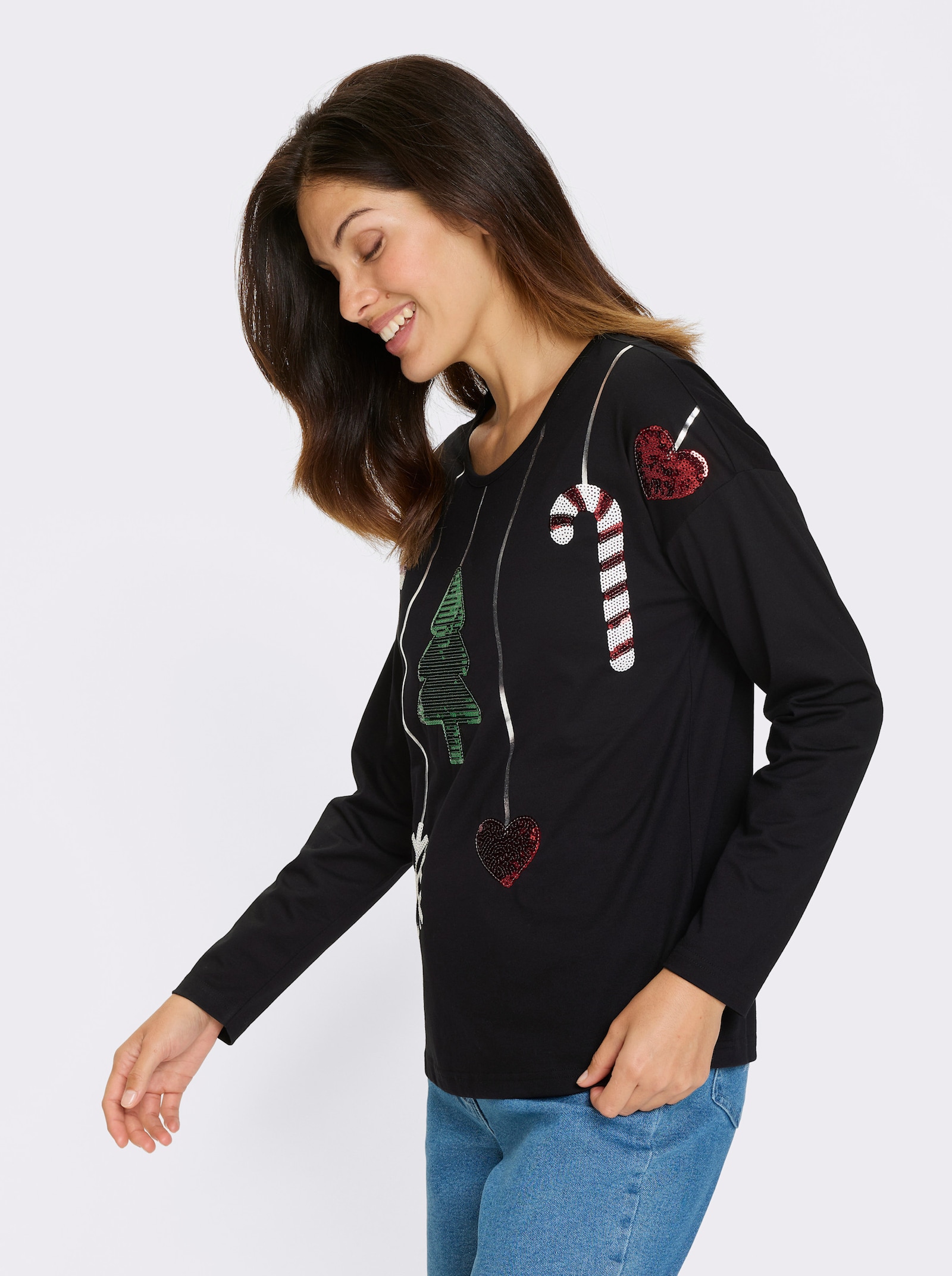 Rundhalsshirt mit Weihnachtsmotiv mit Pailletten - schwarz