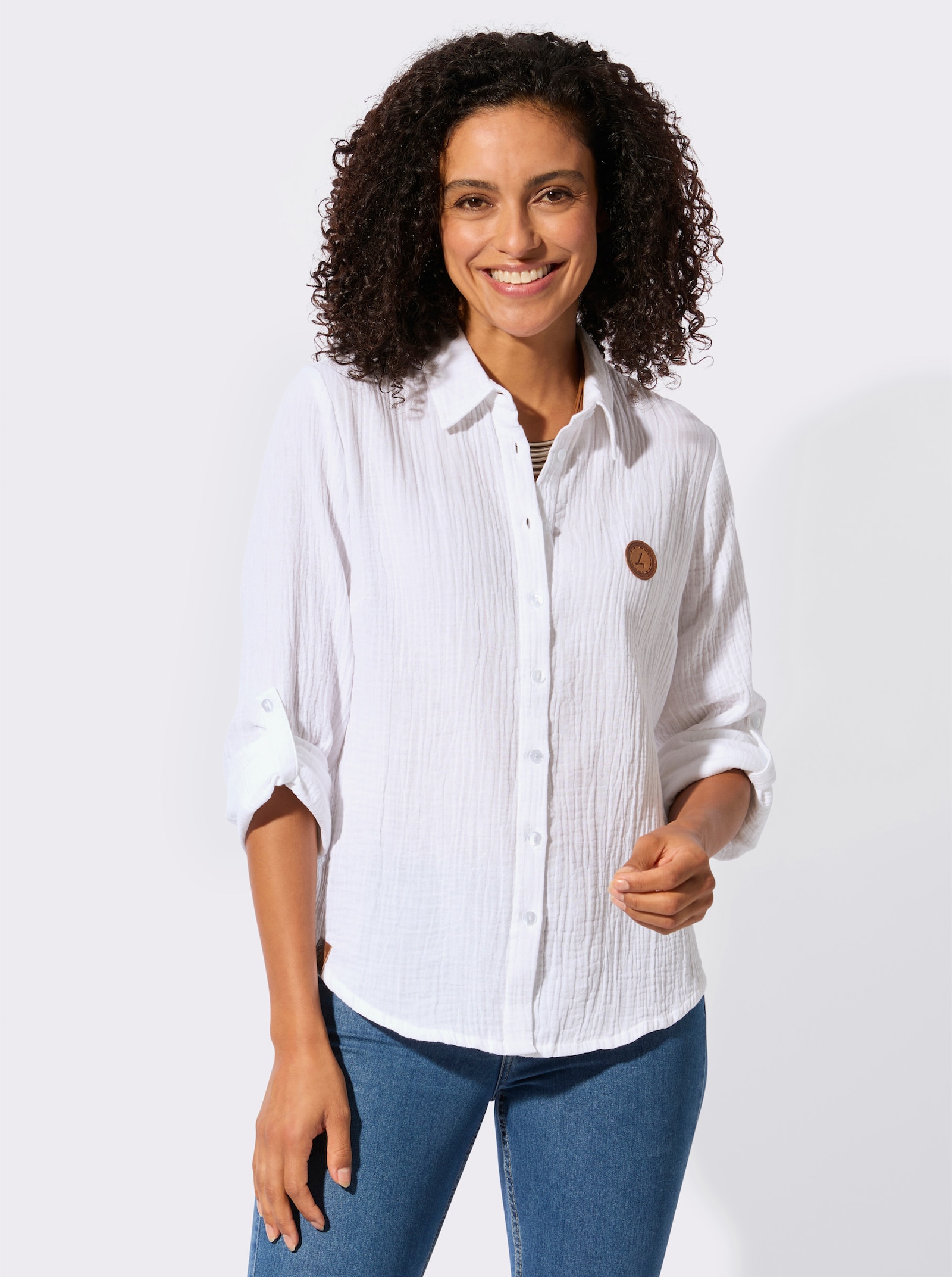 Baumwollbluse mit krempelbaren Ärmeln - weiß