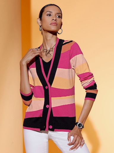 Feinstrickjacke mit Rippbündchen - fuchsia-papaya-gemustert