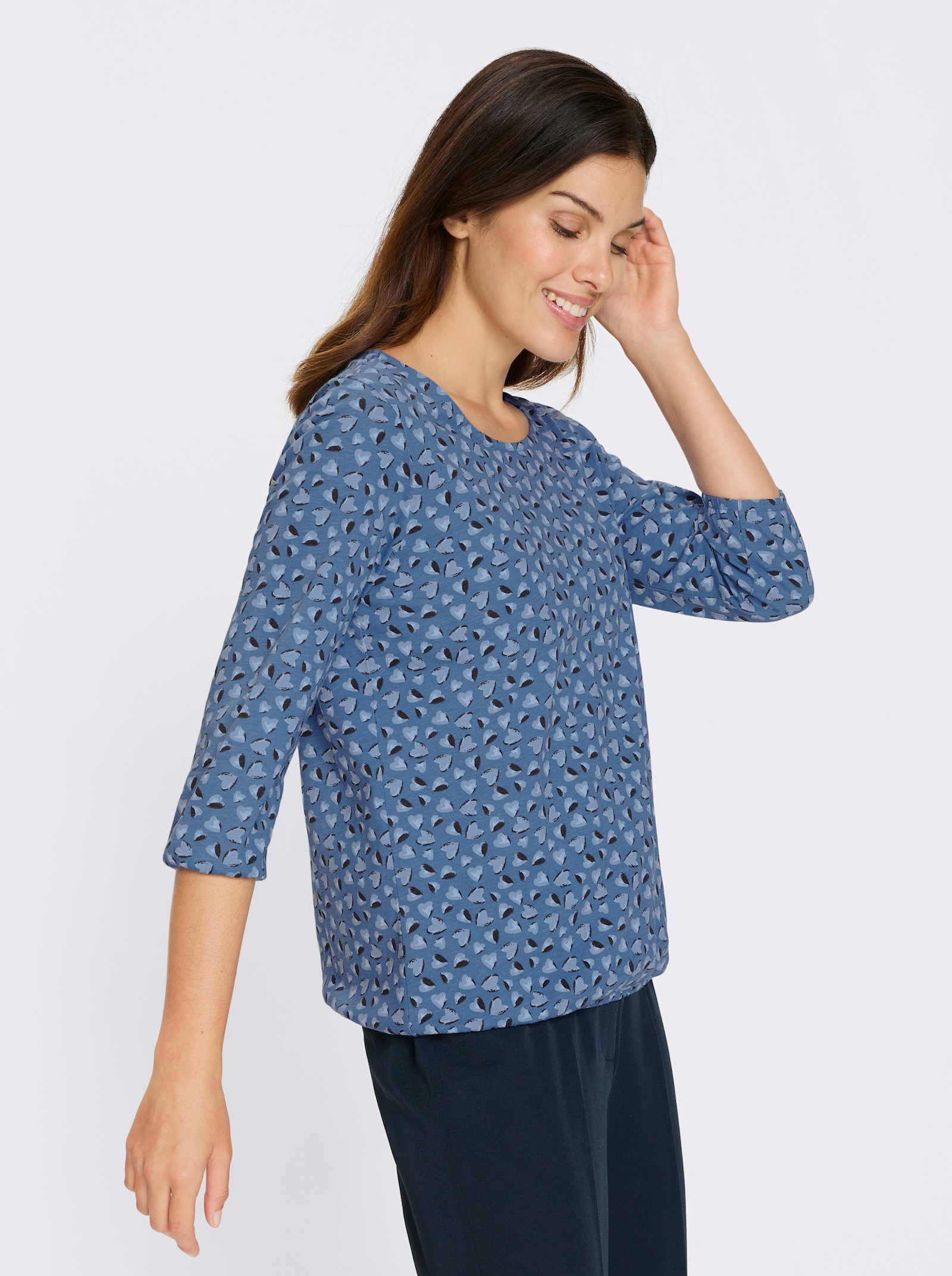 Tričko s 3/4 rukávem a srdíčkovým vzorem - střední modrá-ecru-potisk