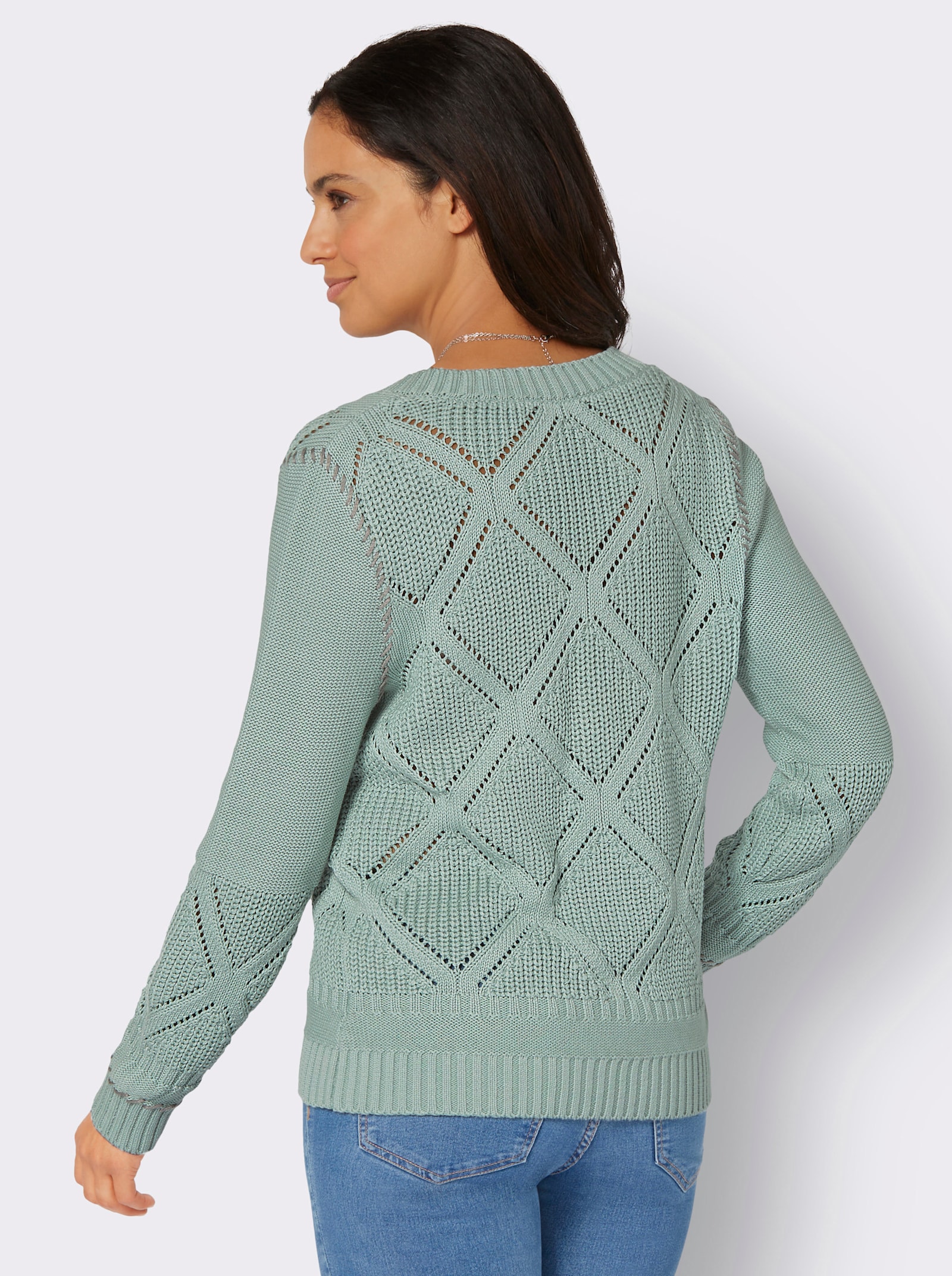Ajourpullover met contrasterende siernaden - kalkmint
