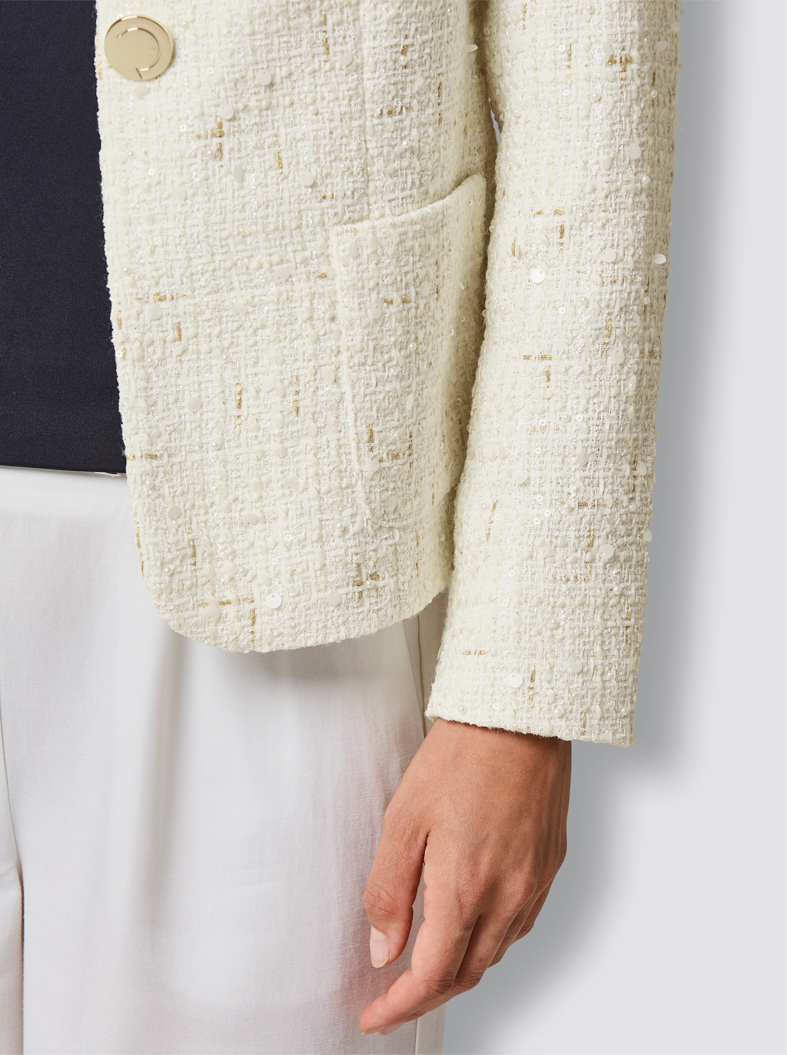 CREATION L PREMIUM Woll-Mix-Bouclé-Blazer mit Zierperlen und Pailletten - ecru
