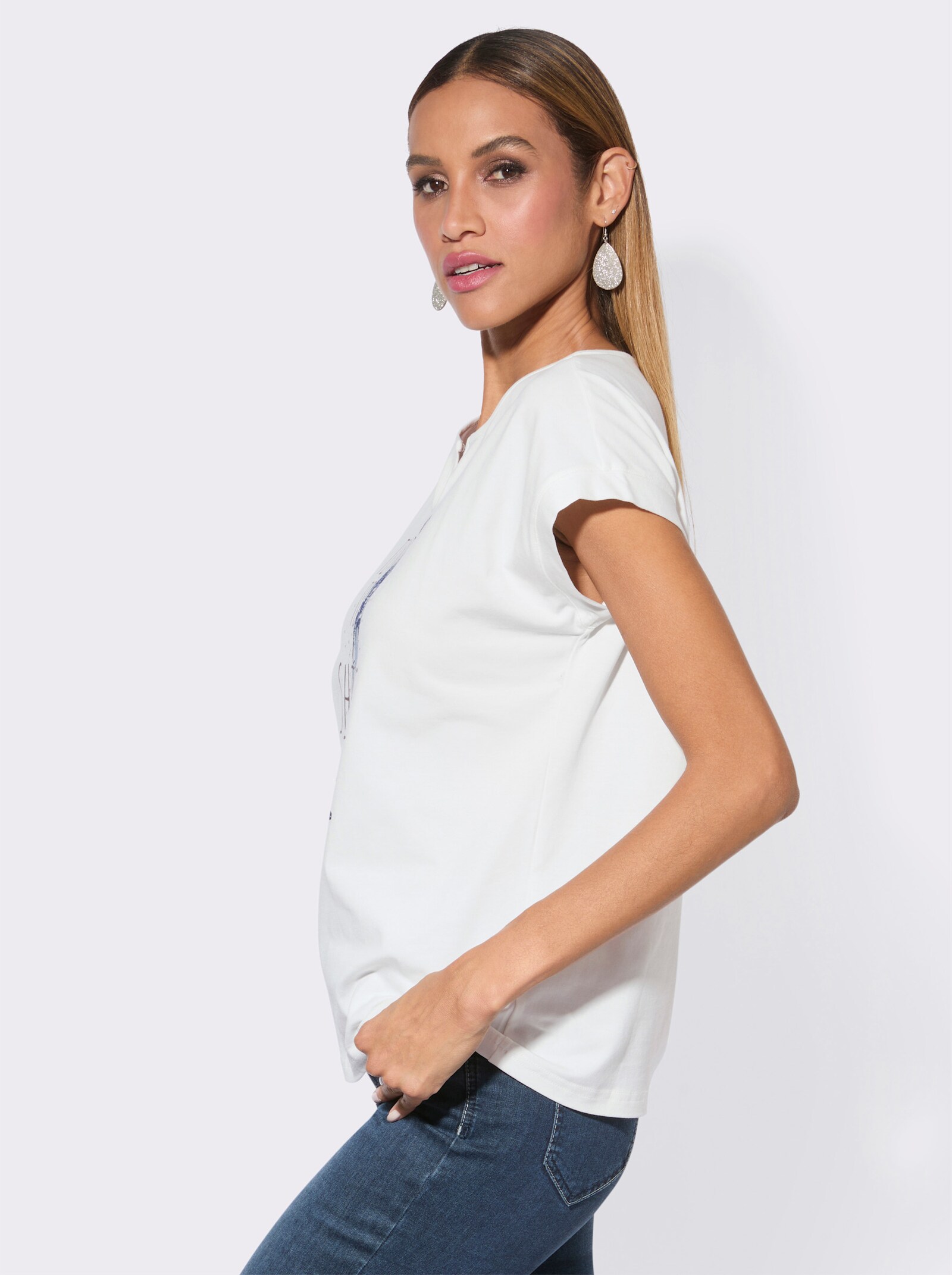 Rundhalsshirt mit Druckmuster und Glitzersteinchen - ecru-royalblau-bedruckt