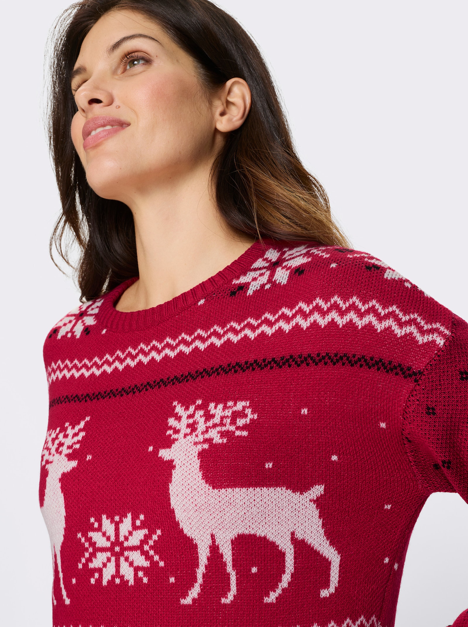 Svetr s dlouhým rukávem s motivem soba - červená-ecru-vzor