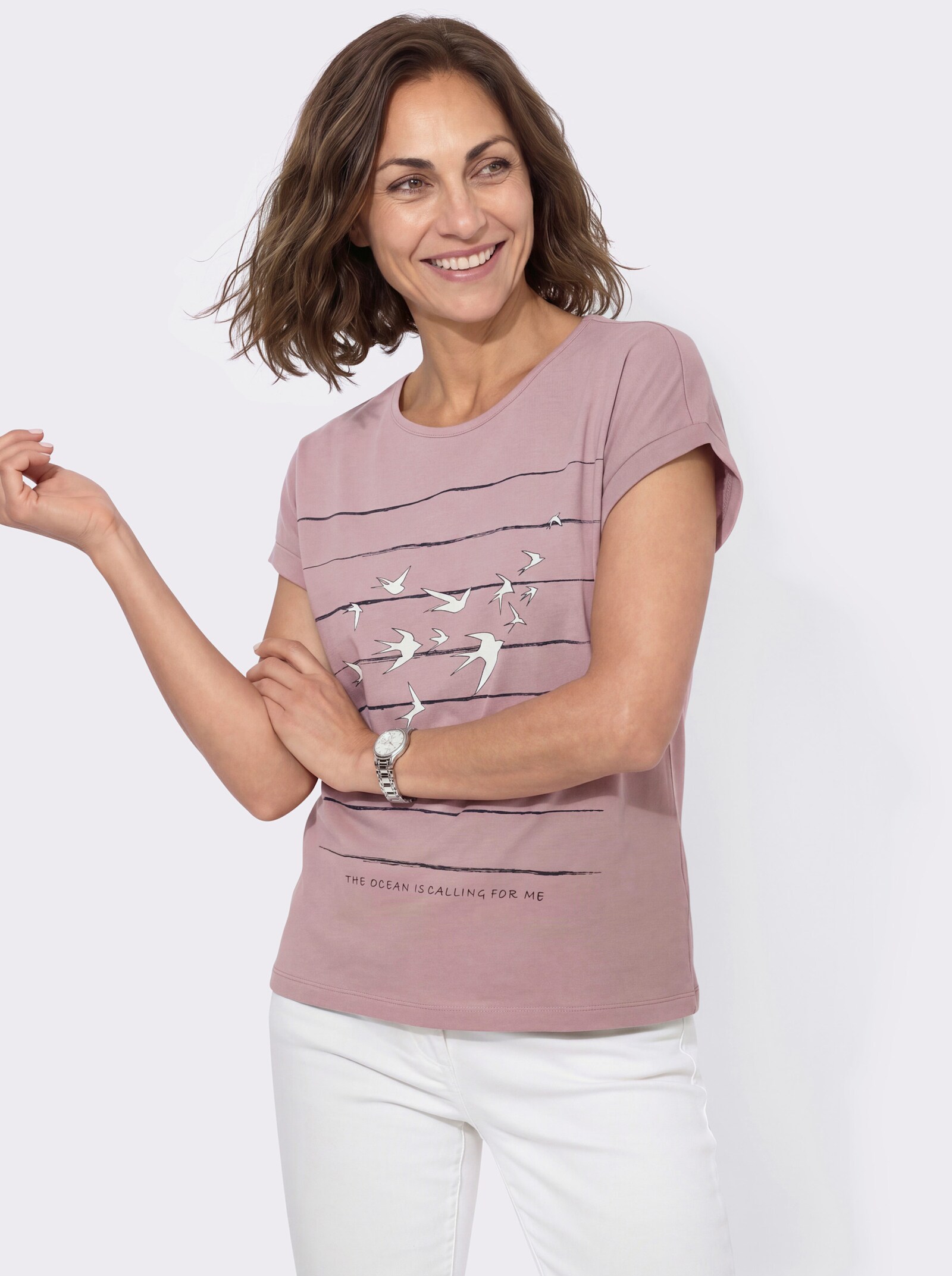 Print-Shirt mit überschnittenen Schultern - mauve-marine-bedruckt