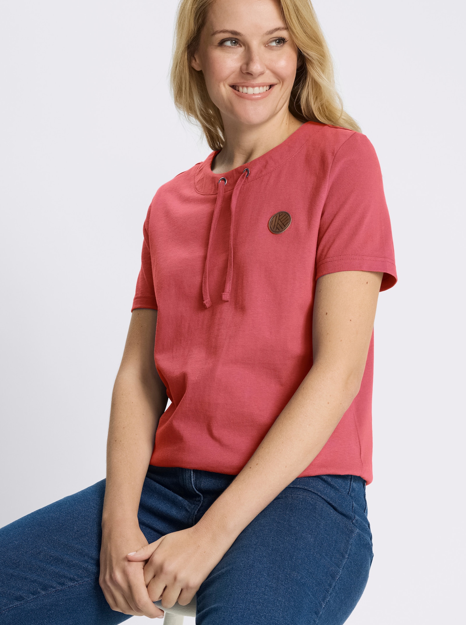 Kurzarmshirt mit Tunnelzug am Ausschnitt - grapefruit