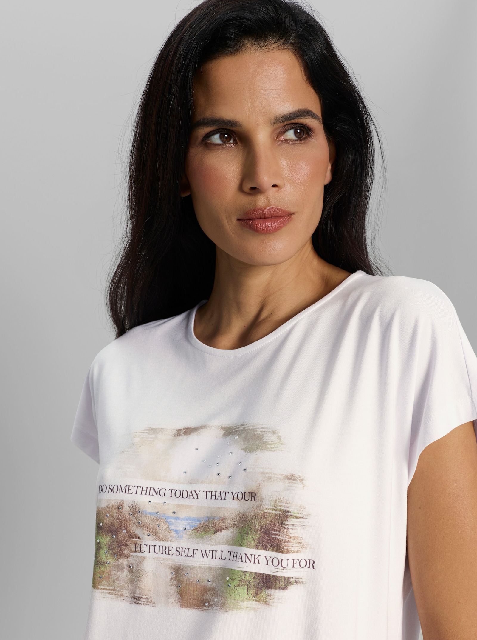 heine Kurzarmshirt mit Ziersteinchen - weiß-sand