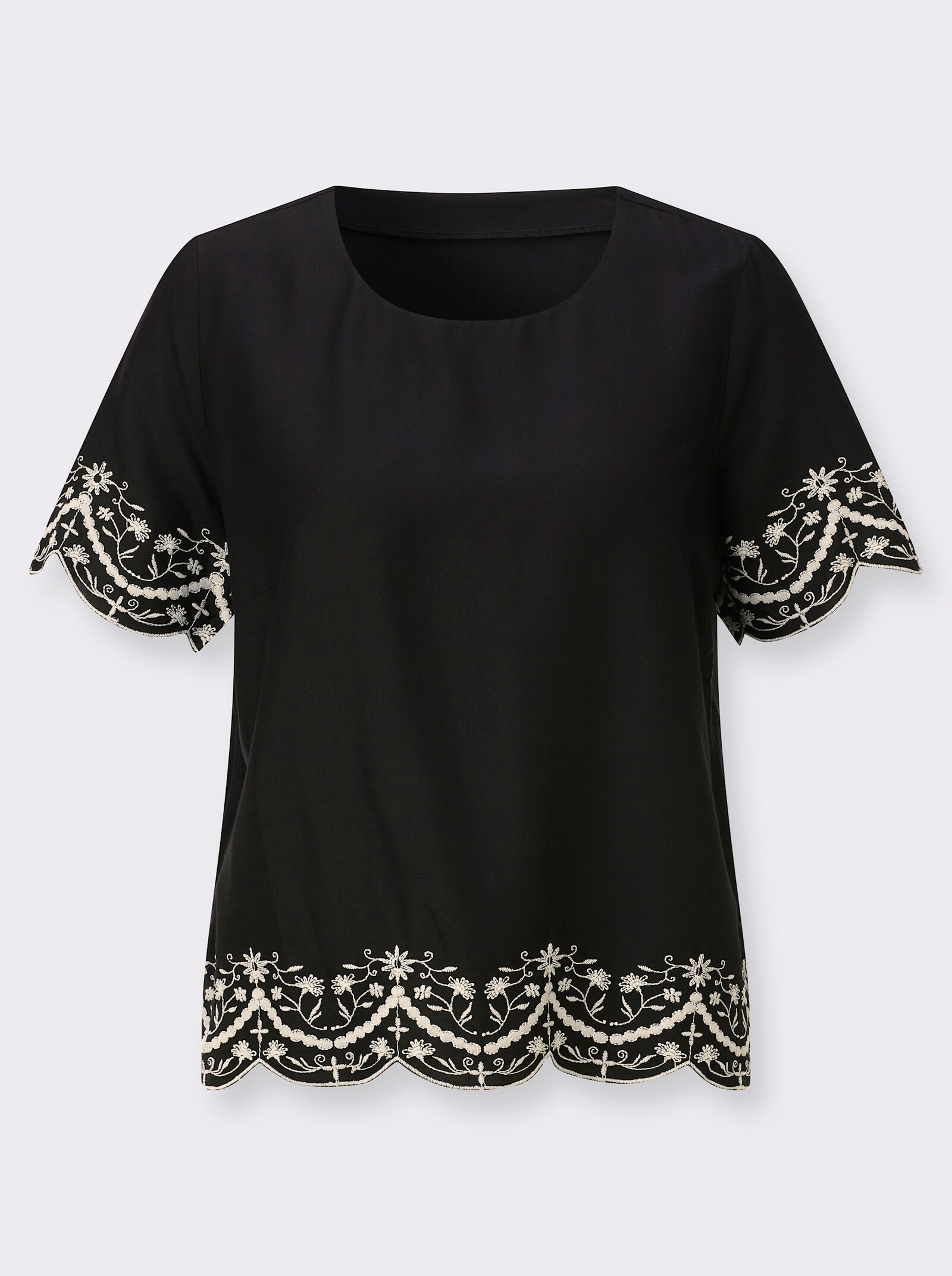 Kurzarm-Bluse mit floraler Stickerei - schwarz-champagner-gemustert