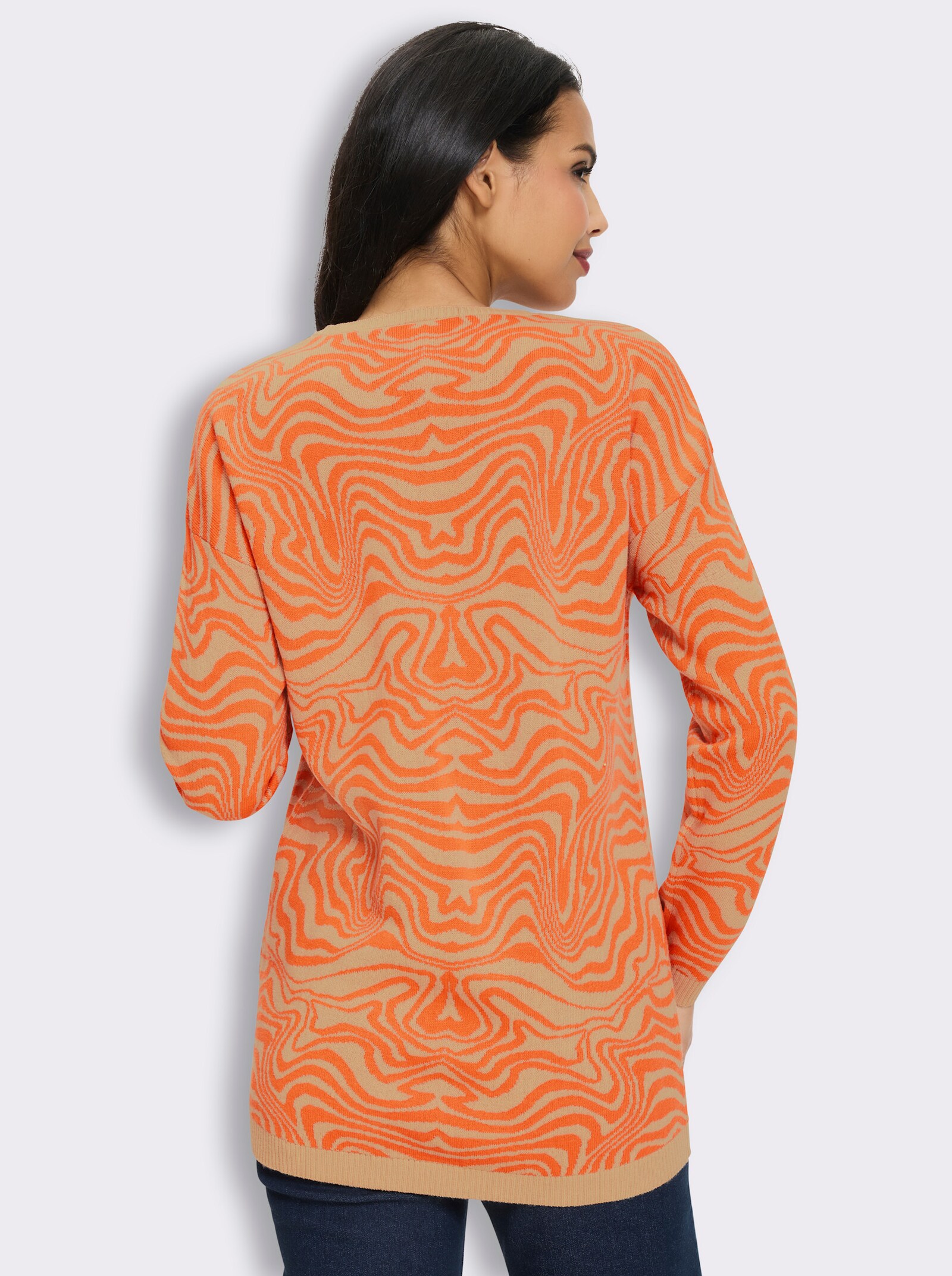 Longpullover mit Ripp-Abschlüssen - beige-orange-gemustert