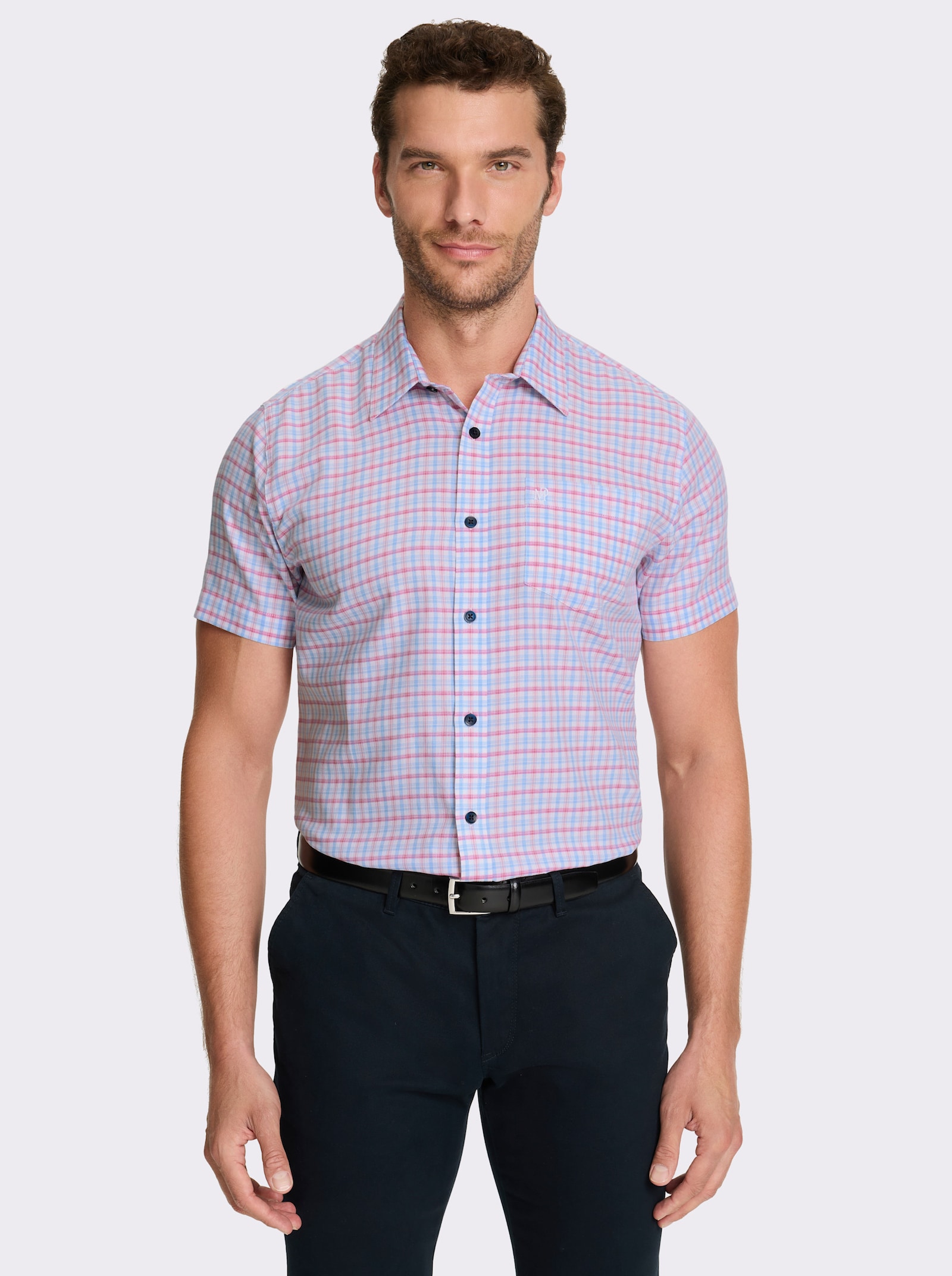 Marco Donati Kurzarmhemd , bügelfrei - himmelblau-fuchsia-kariert