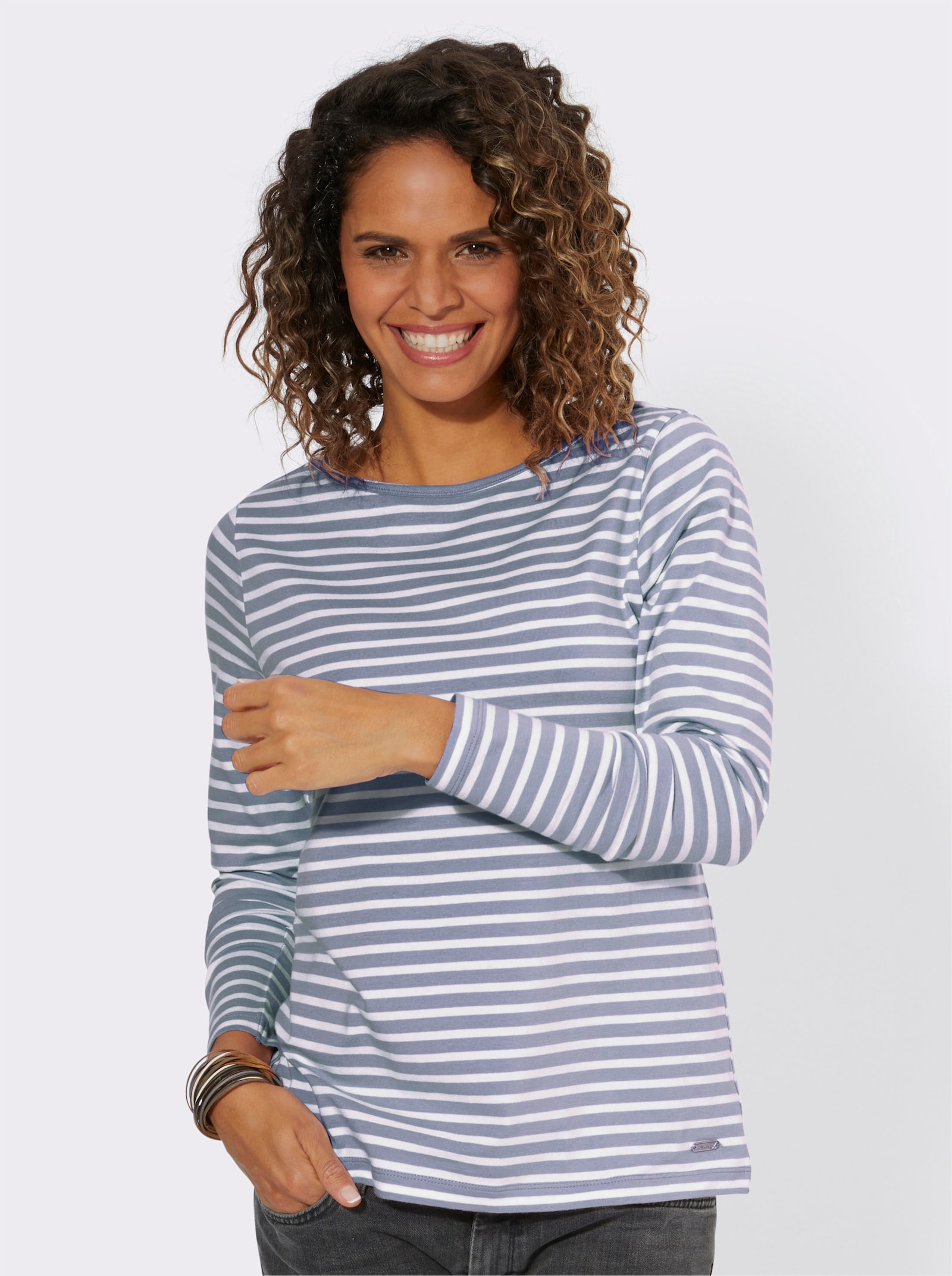 Ringelshirt mit U-Boot-Ausschnitt - taubenblau-ecru-geringelt