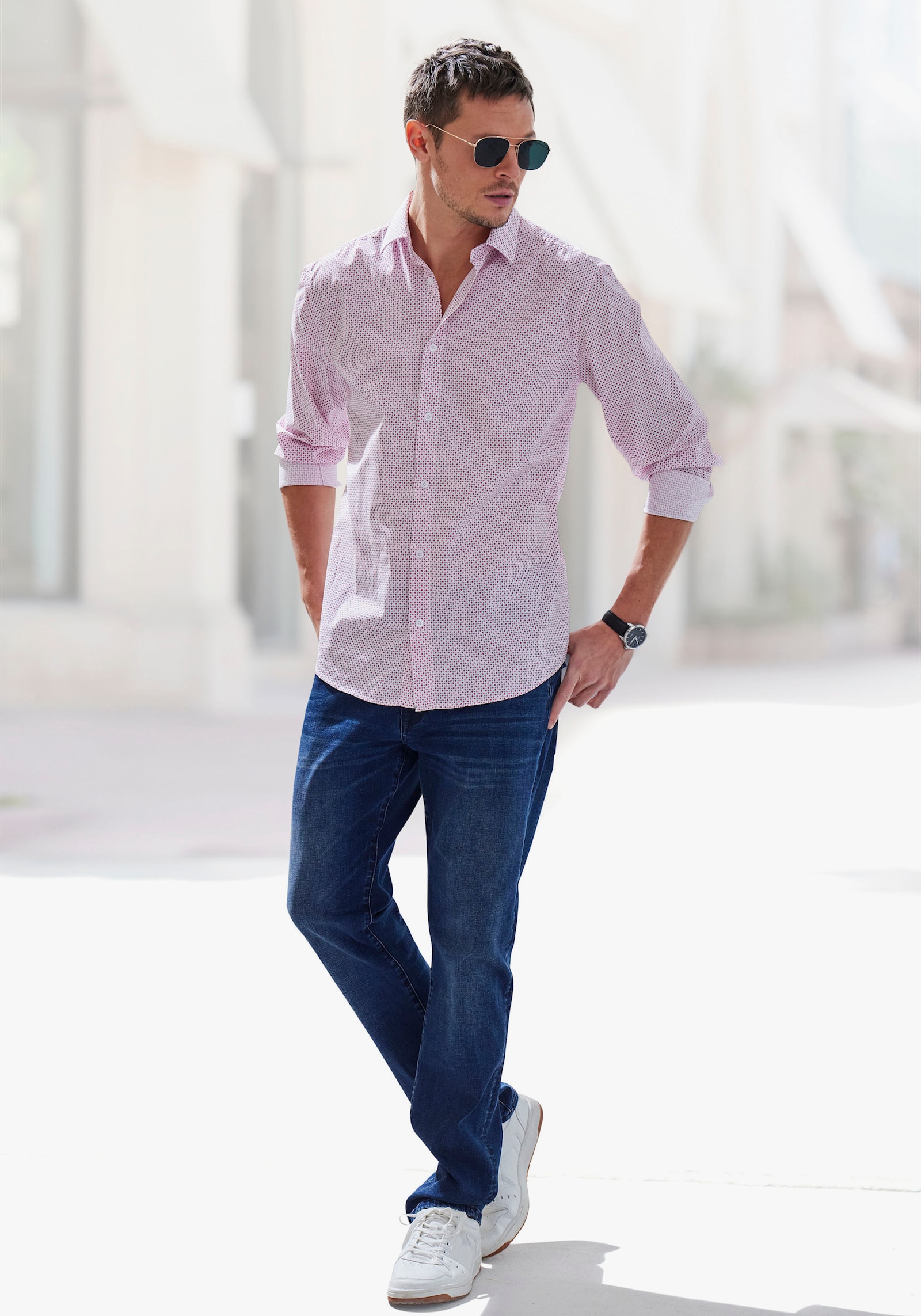 H.I.S Langarmhemd - weiß-magenta-bedruckt