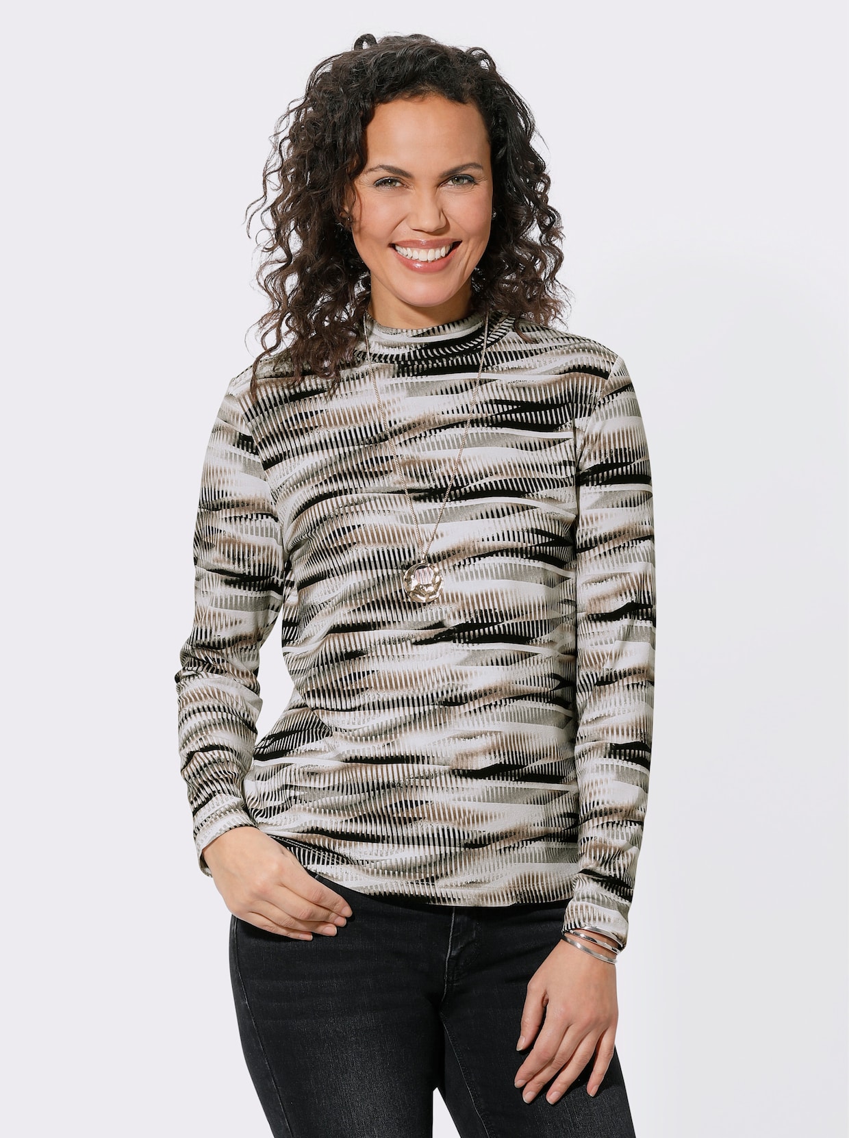 Shirt met opstaande kraag - camel/ecru bedrukt