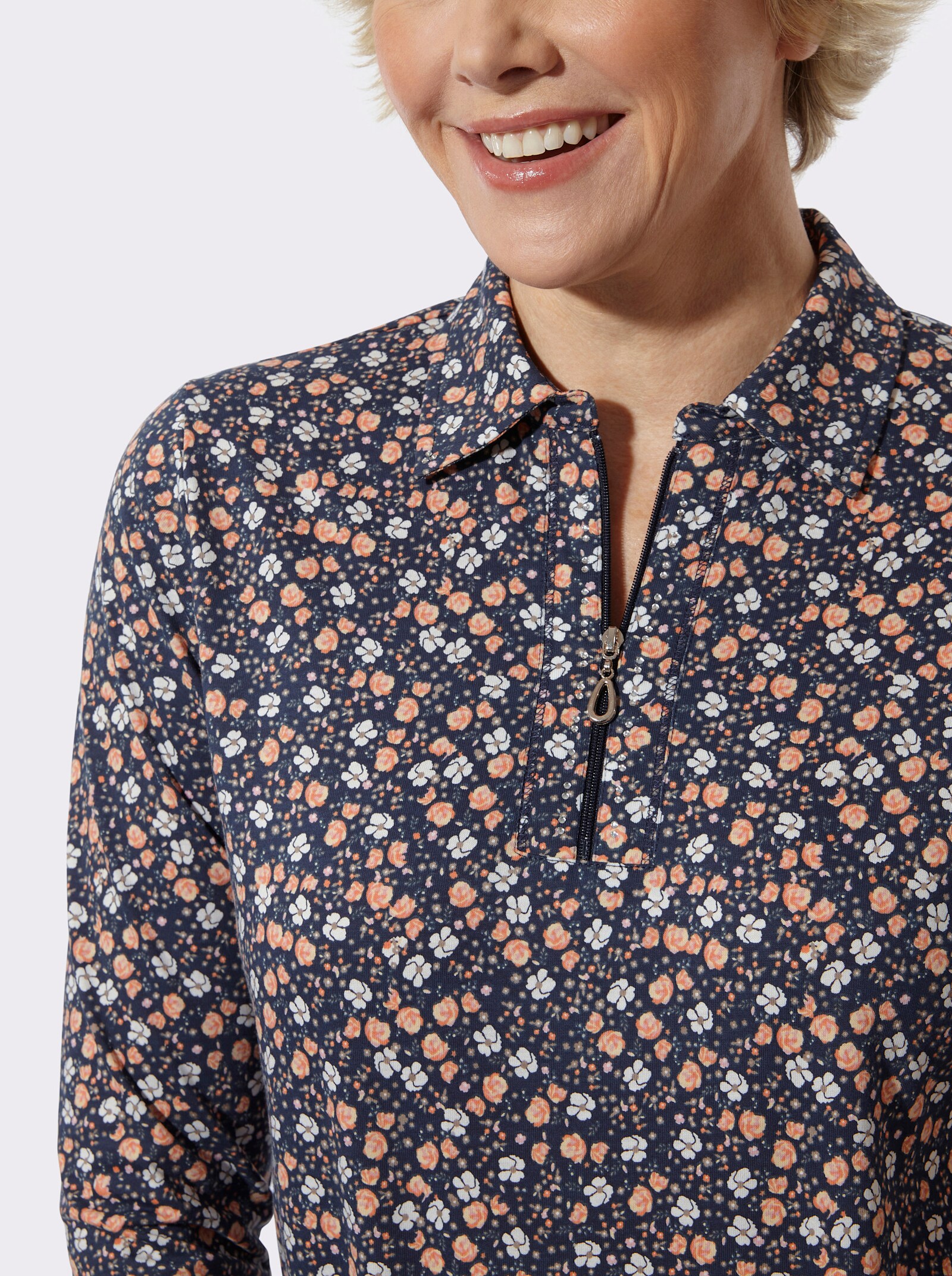 Poloshirt mit Glitzersteinchen - marine-papaya-bedruckt