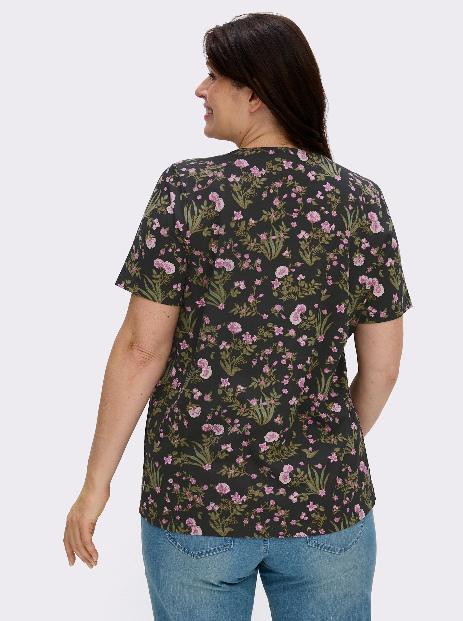 Kurzarmshirt mit Blümchenmuster - schwarz-rosé-bedruckt