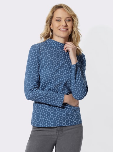 Stehkragenshirt mit Minimalmuster - jeansblau-bleu-bedruckt