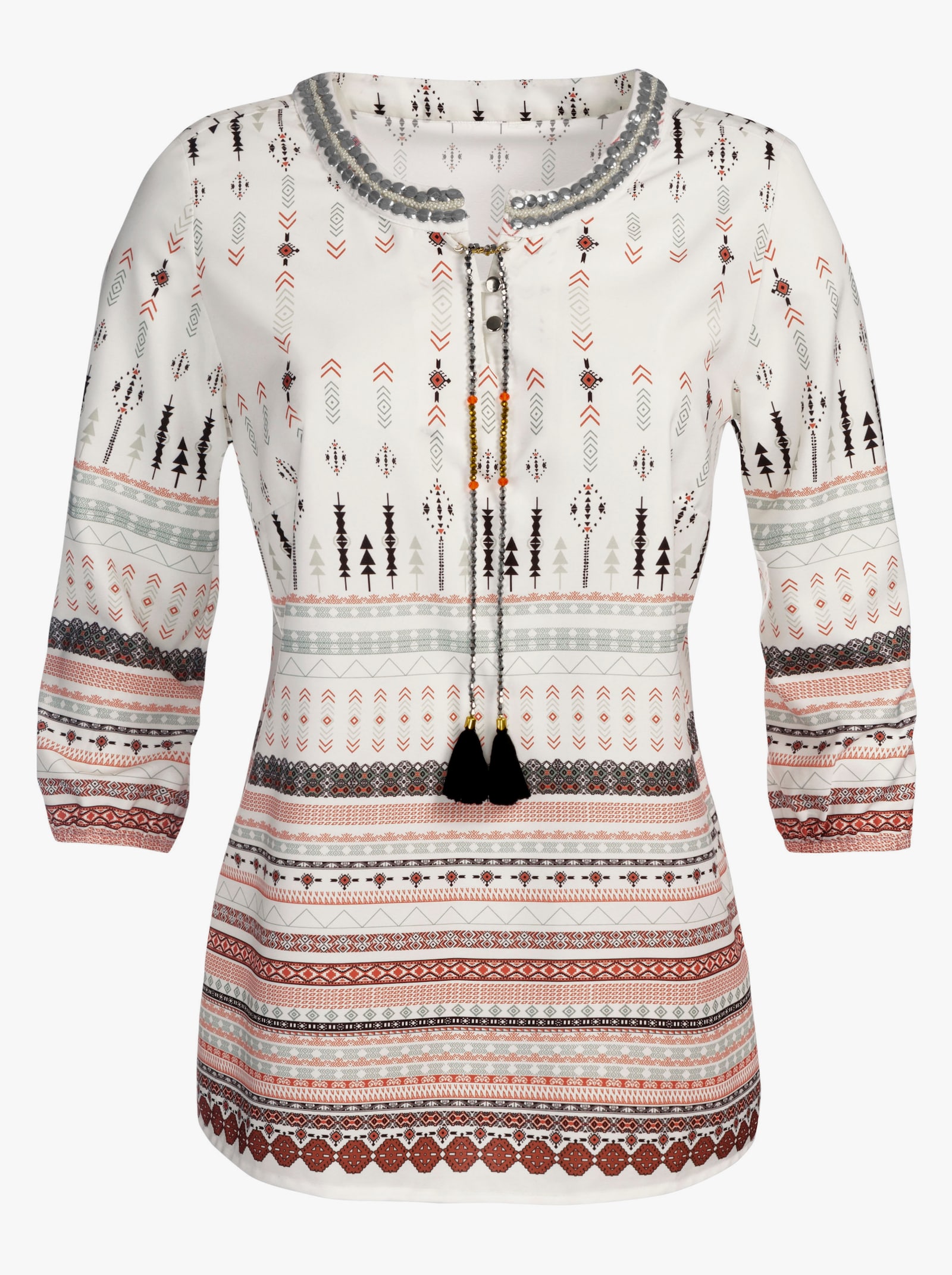 Comfortblouse met afneembare sierketting - ecru/terra gedessineerd