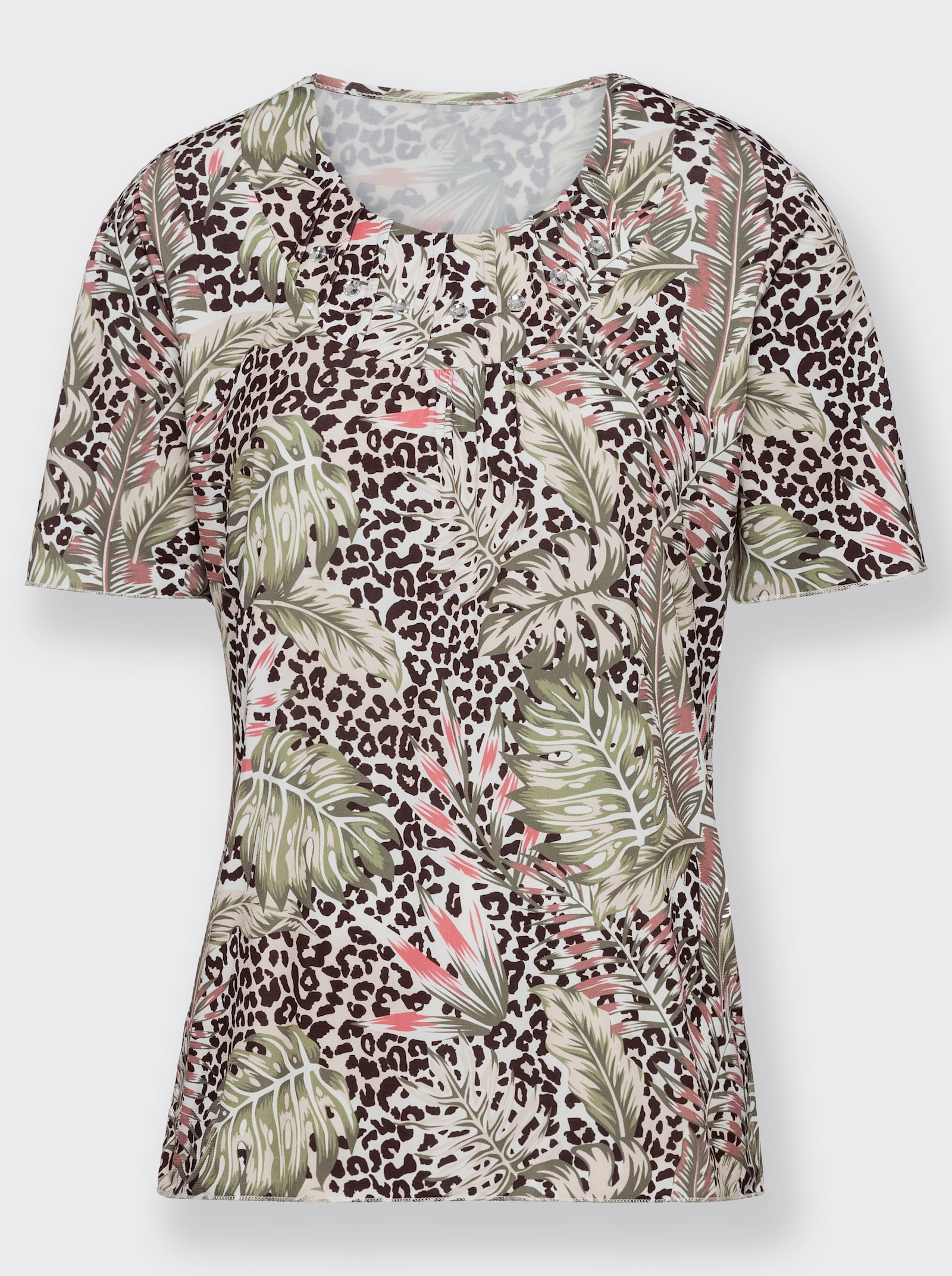 Shirt met ronde hals en patroonmix - ecru/kaki geprint